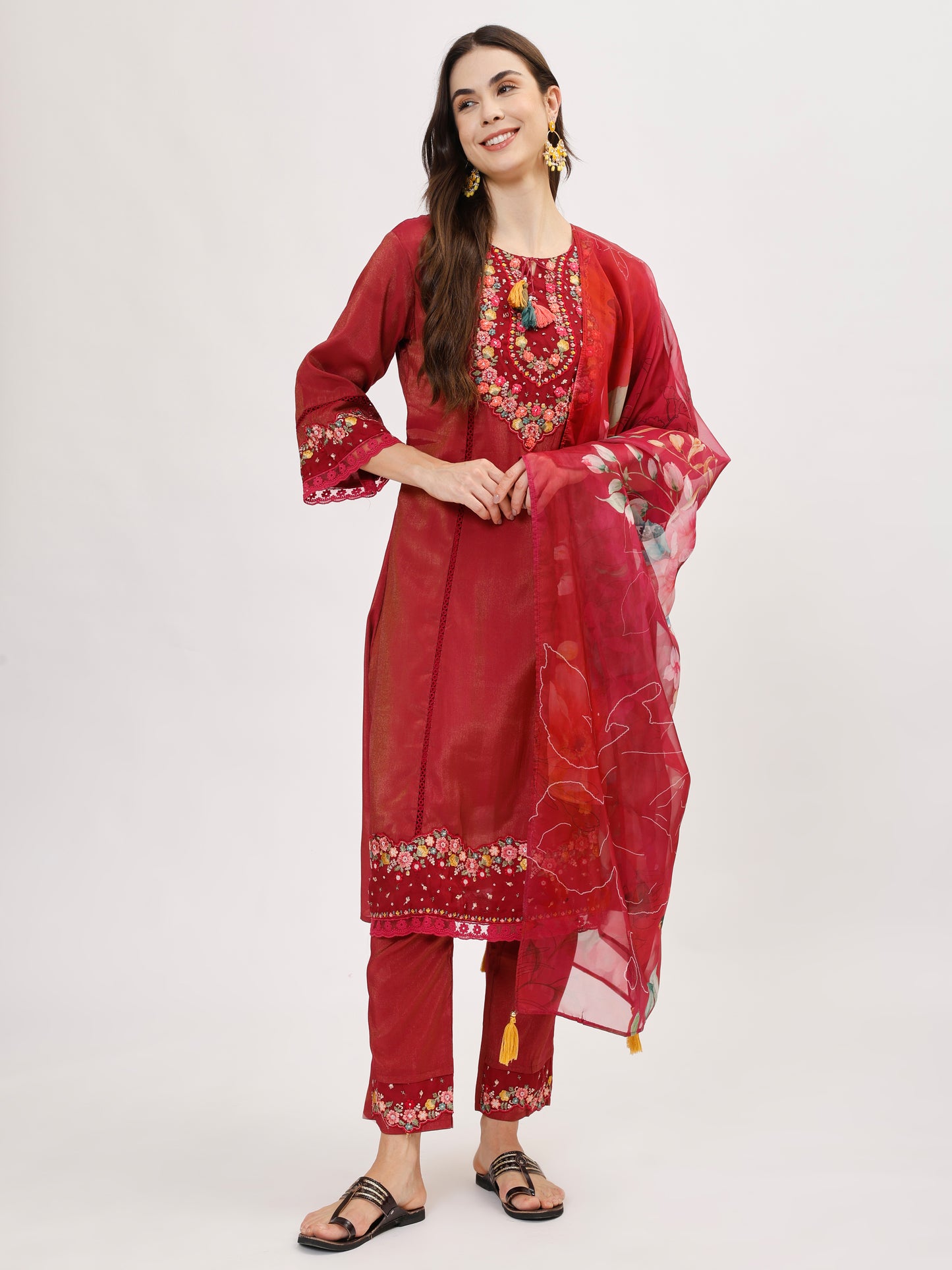 Premium Viscose silk fabric suit set with A line style - Maroon, TK109