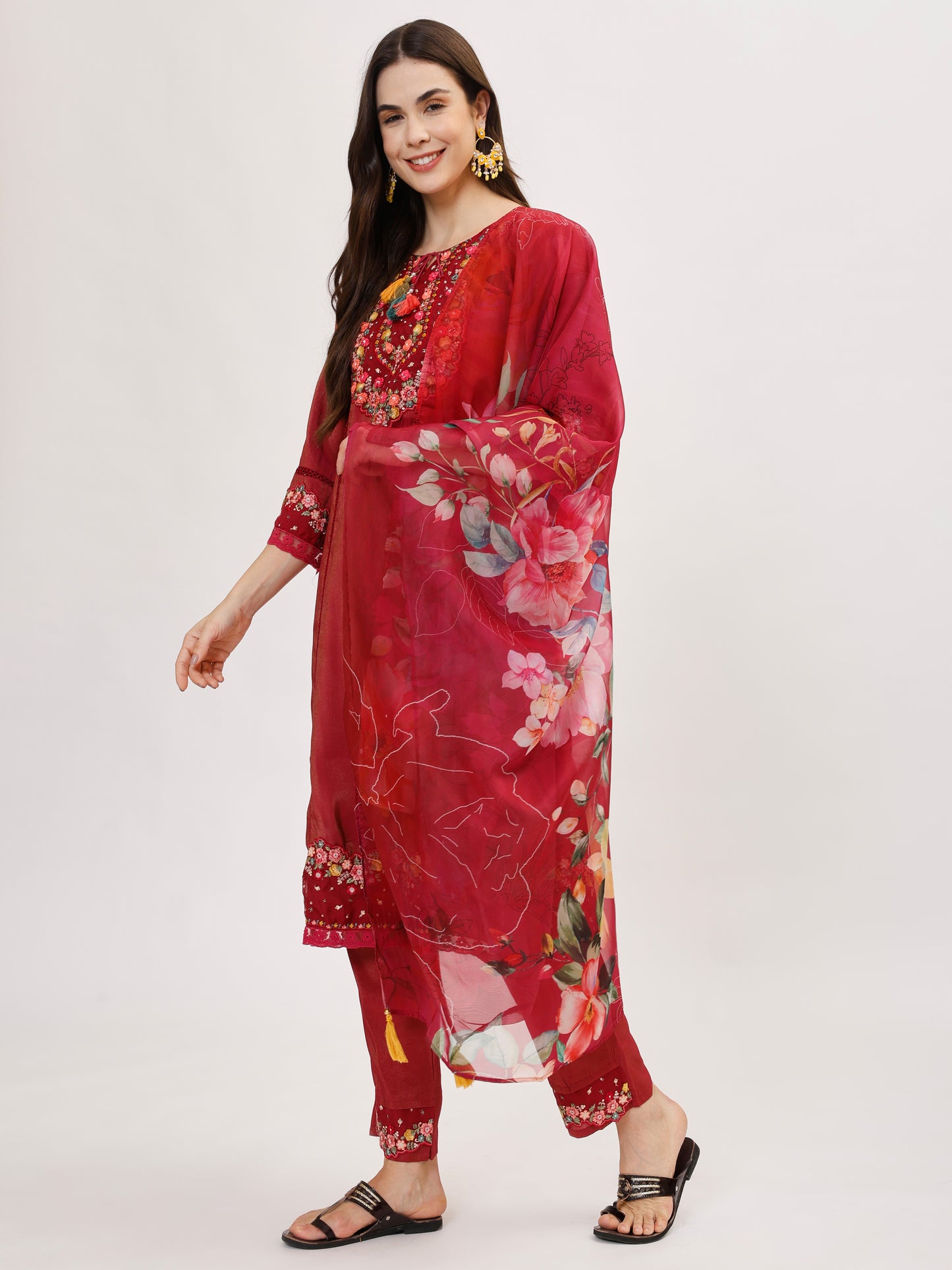 Premium Viscose silk fabric suit set with A line style - Maroon, TK109