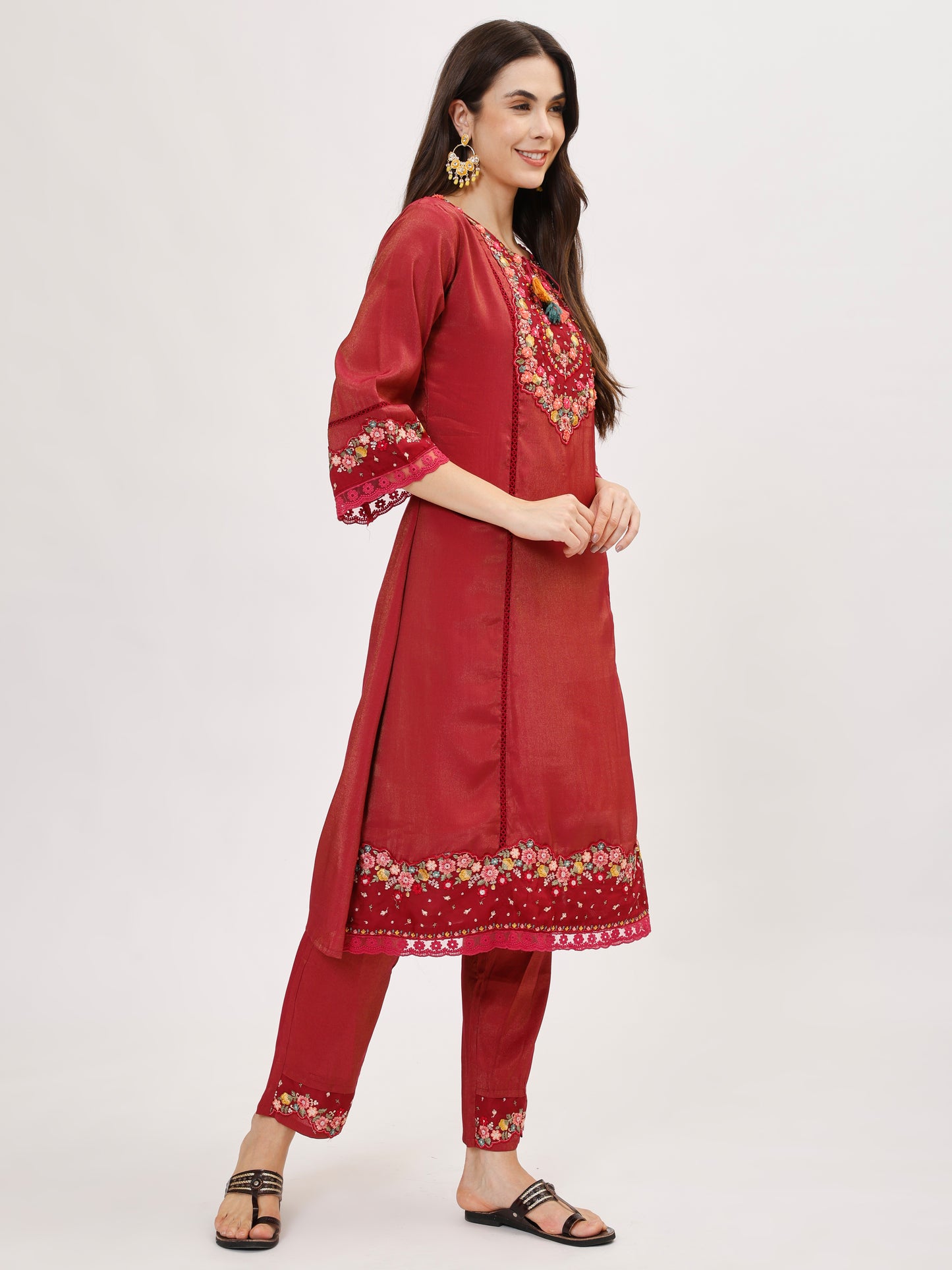 Premium Viscose silk fabric suit set with A line style - Maroon, TK109