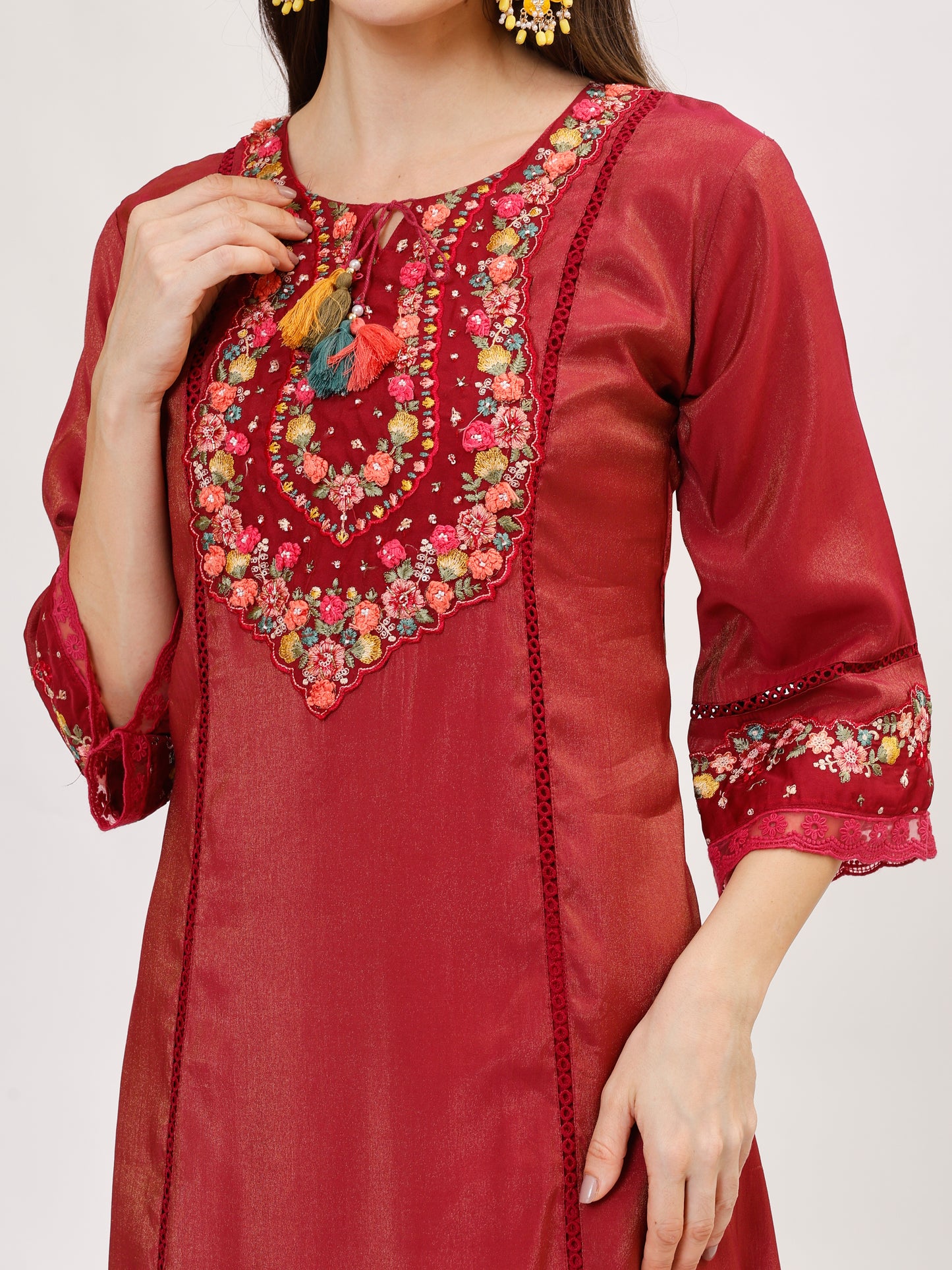 Premium Viscose silk fabric suit set with A line style - Maroon, TK109