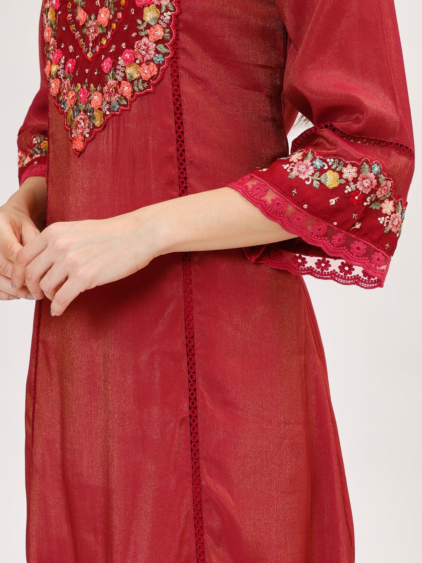 Premium Viscose silk fabric suit set with A line style - Maroon, TK109