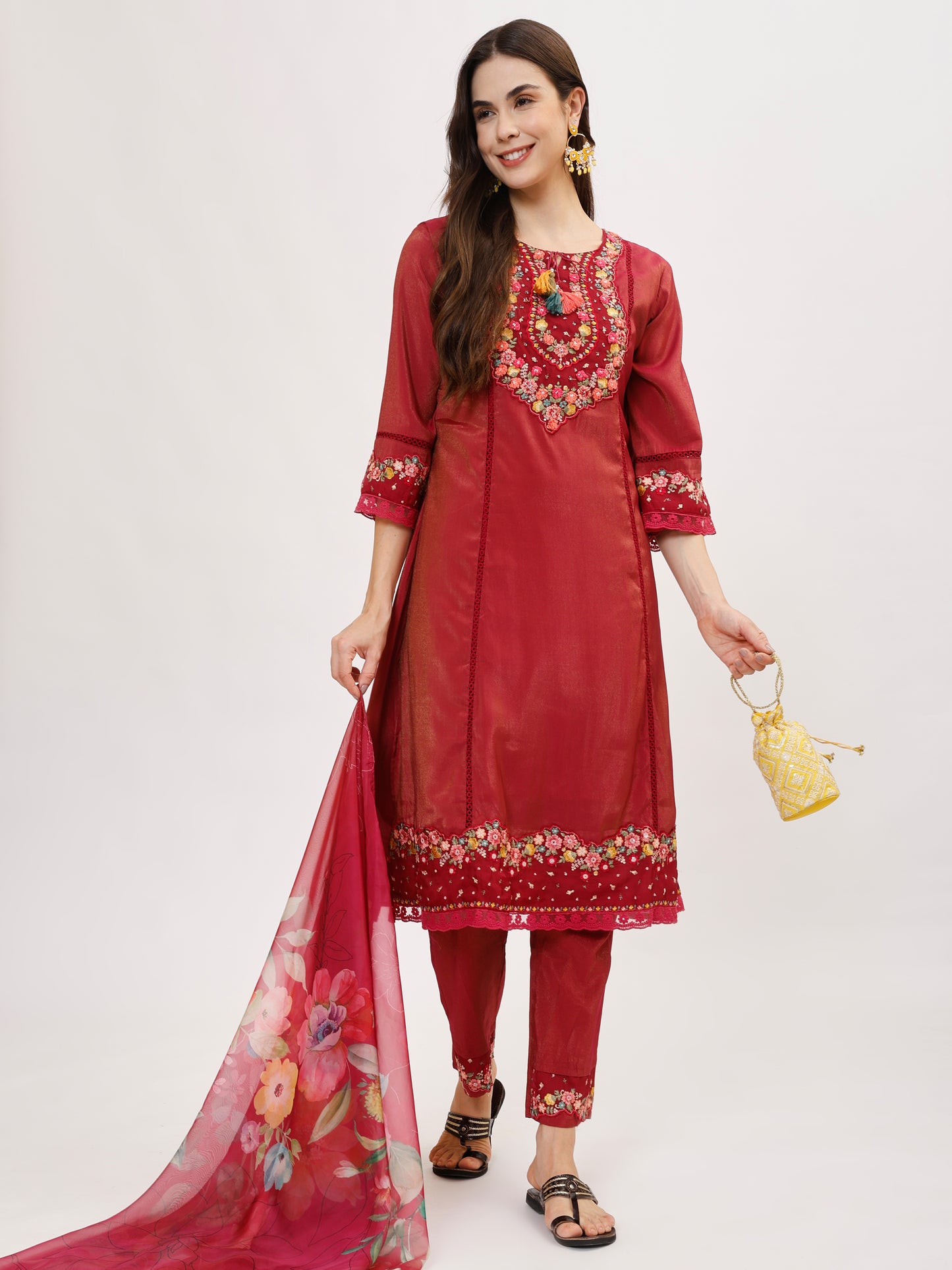 Premium Viscose silk fabric suit set with A line style - Maroon, TK109