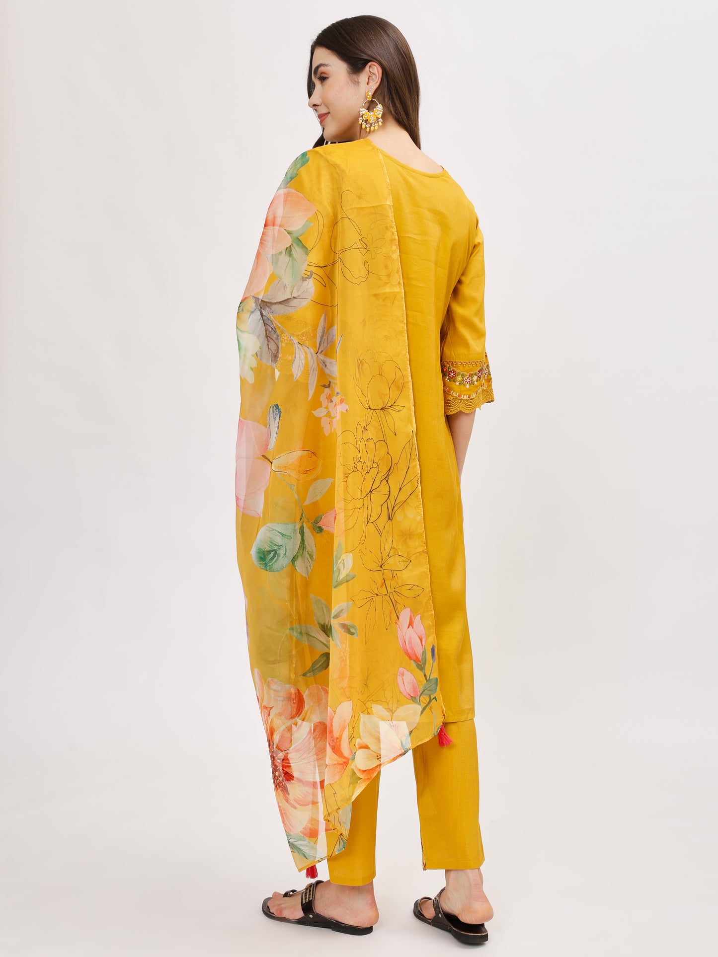 Premium Viscose silk fabric suit set with A line style - Yellow, TK112