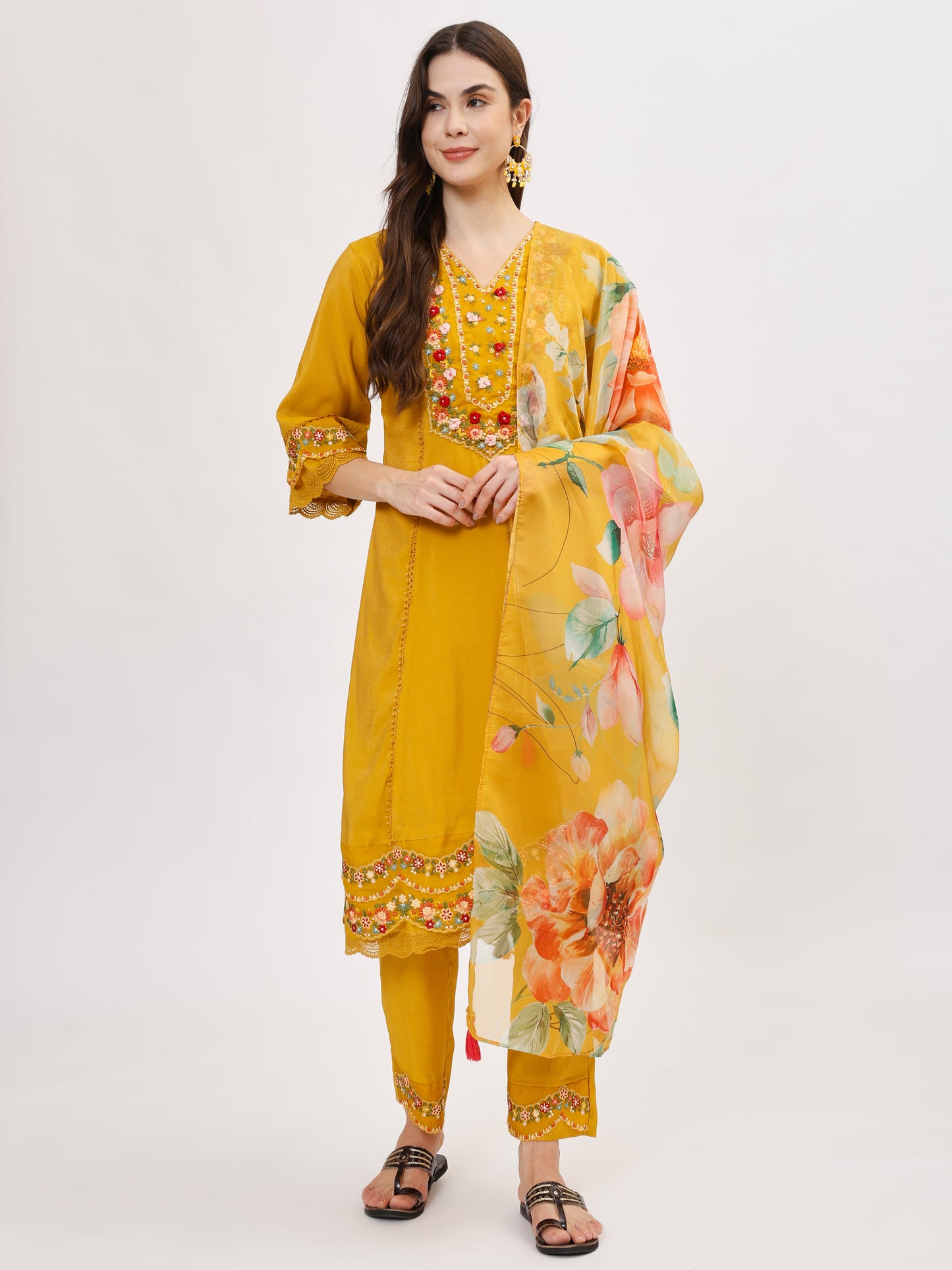 Premium Viscose silk fabric suit set with A line style - Yellow, TK112