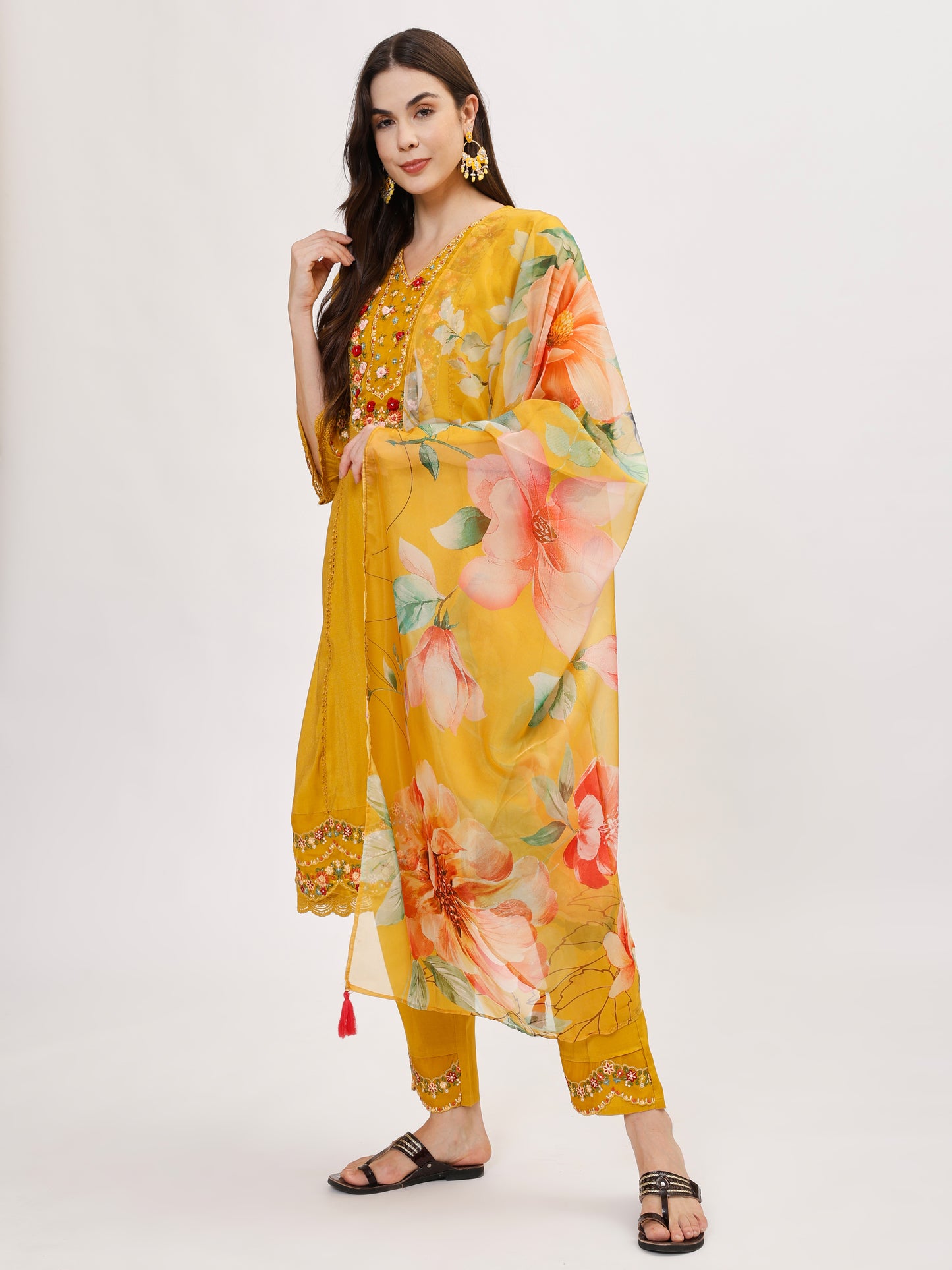 Premium Viscose silk fabric suit set with A line style - Yellow, TK112