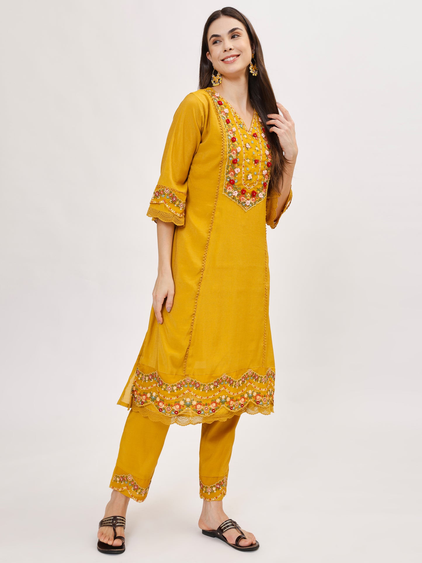 Premium Viscose silk fabric suit set with A line style - Yellow, TK112