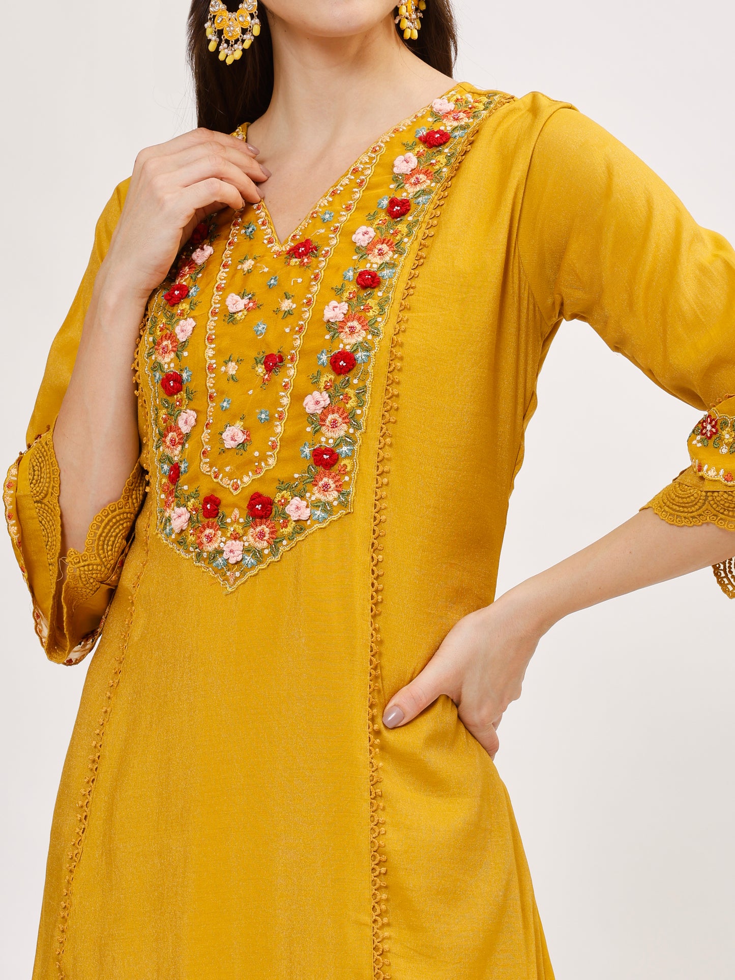 Premium Viscose silk fabric suit set with A line style - Yellow, TK112