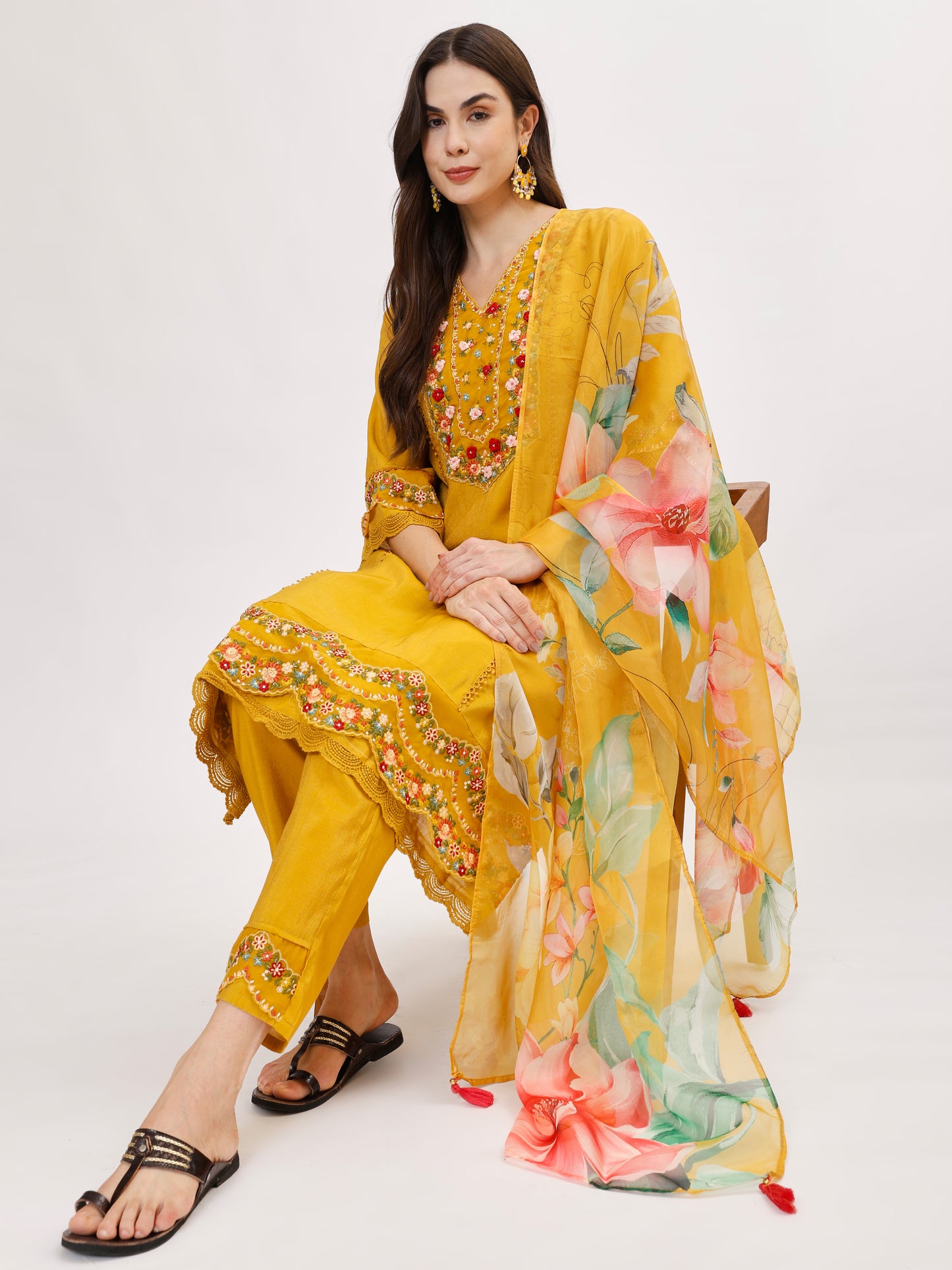 Premium Viscose silk fabric suit set with A line style - Yellow, TK112