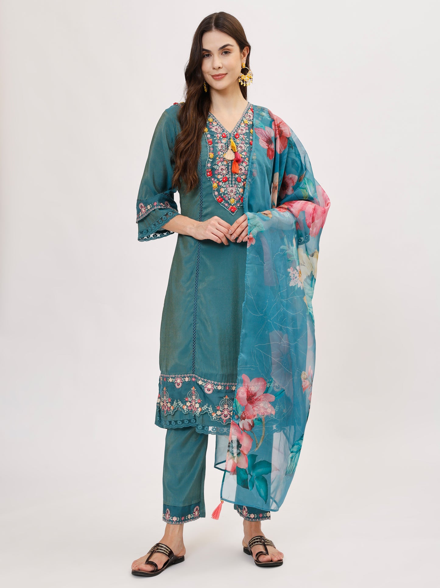 Premium Viscose silk fabric suit set with A line style - Blue, TK110