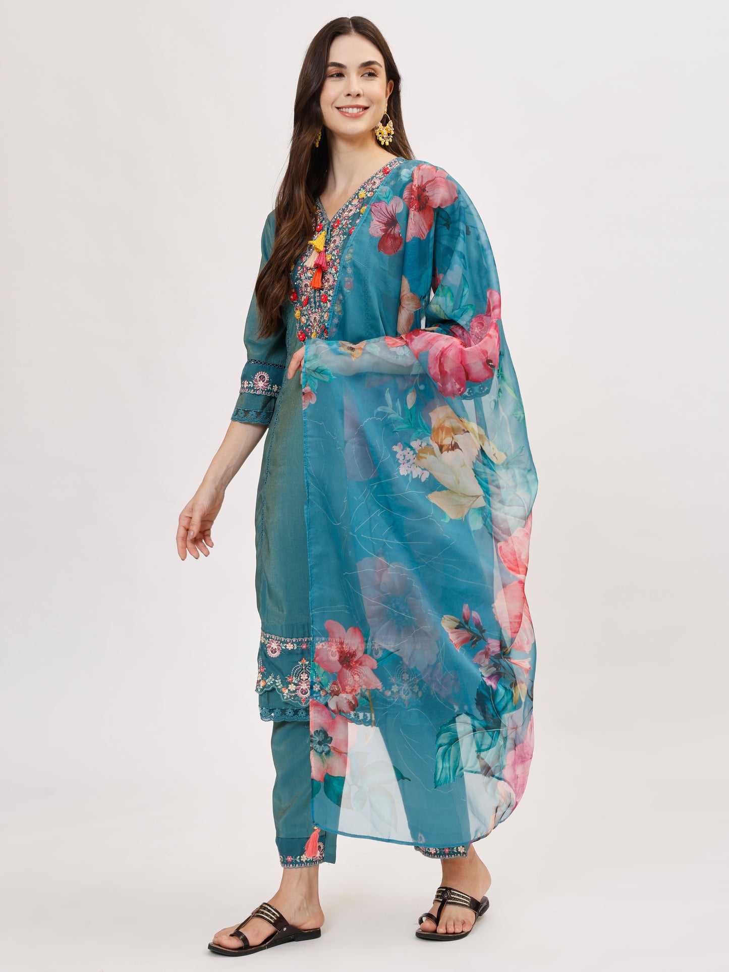 Premium Viscose silk fabric suit set with A line style - Blue, TK110