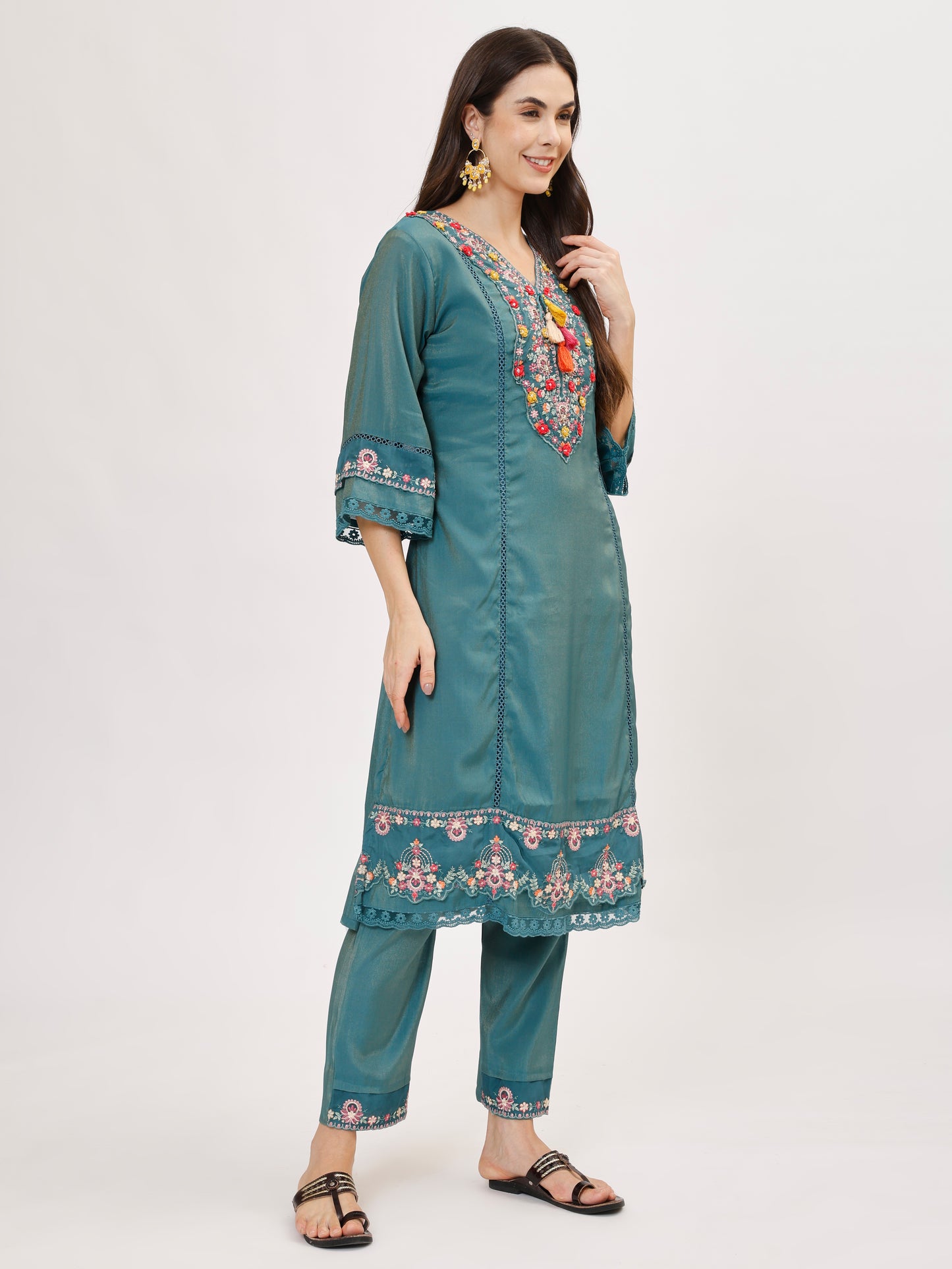 Premium Viscose silk fabric suit set with A line style - Blue, TK110