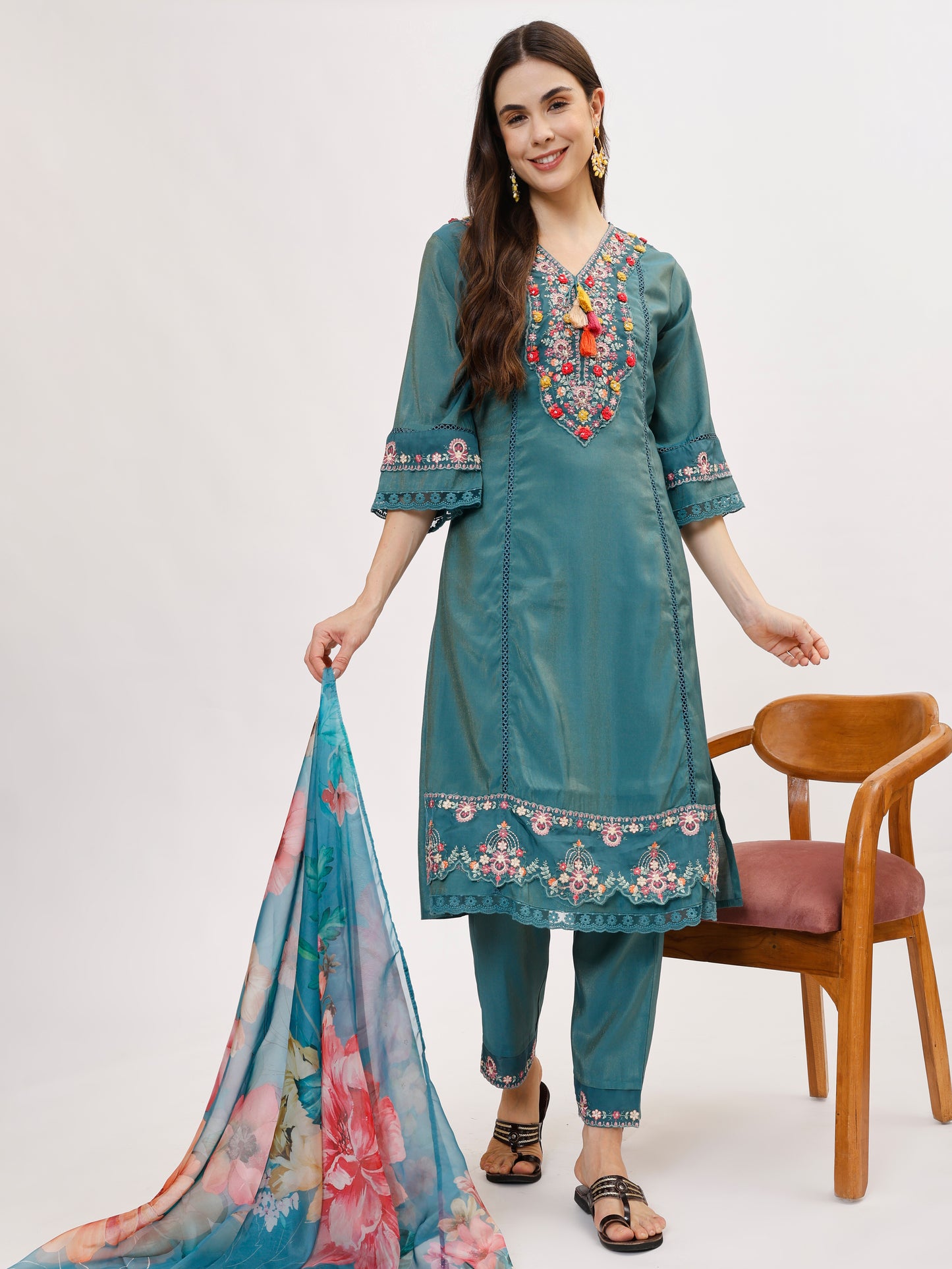 Premium Viscose silk fabric suit set with A line style - Blue, TK110