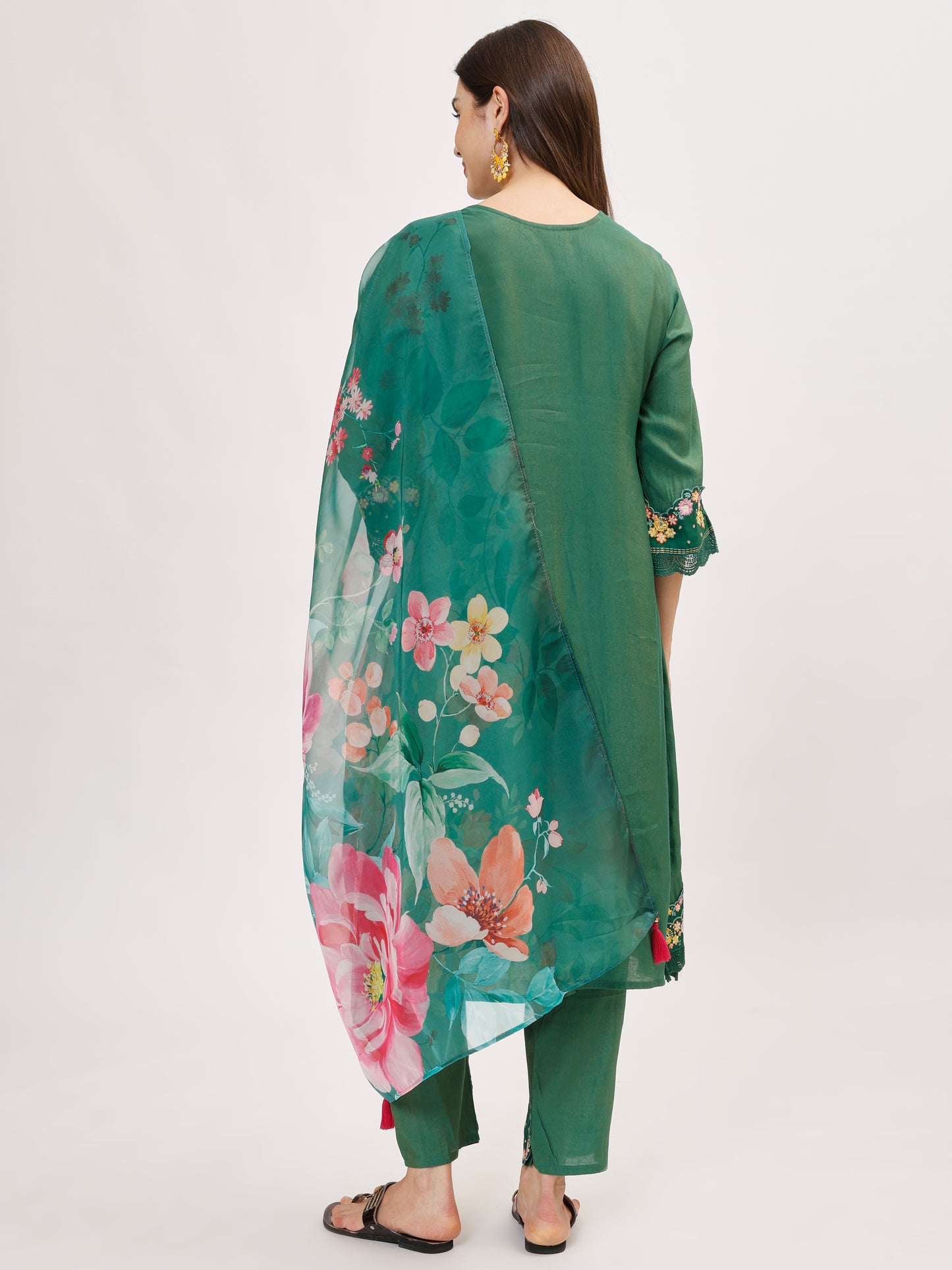 Premium Viscose silk fabric suit set with A line style - Green, TK114