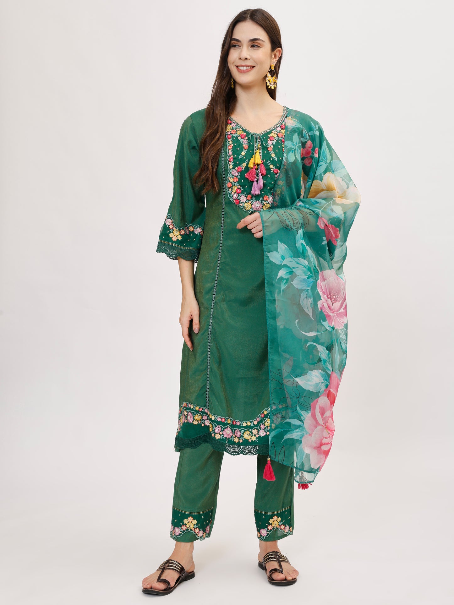 Premium Viscose silk fabric suit set with A line style - Green, TK114