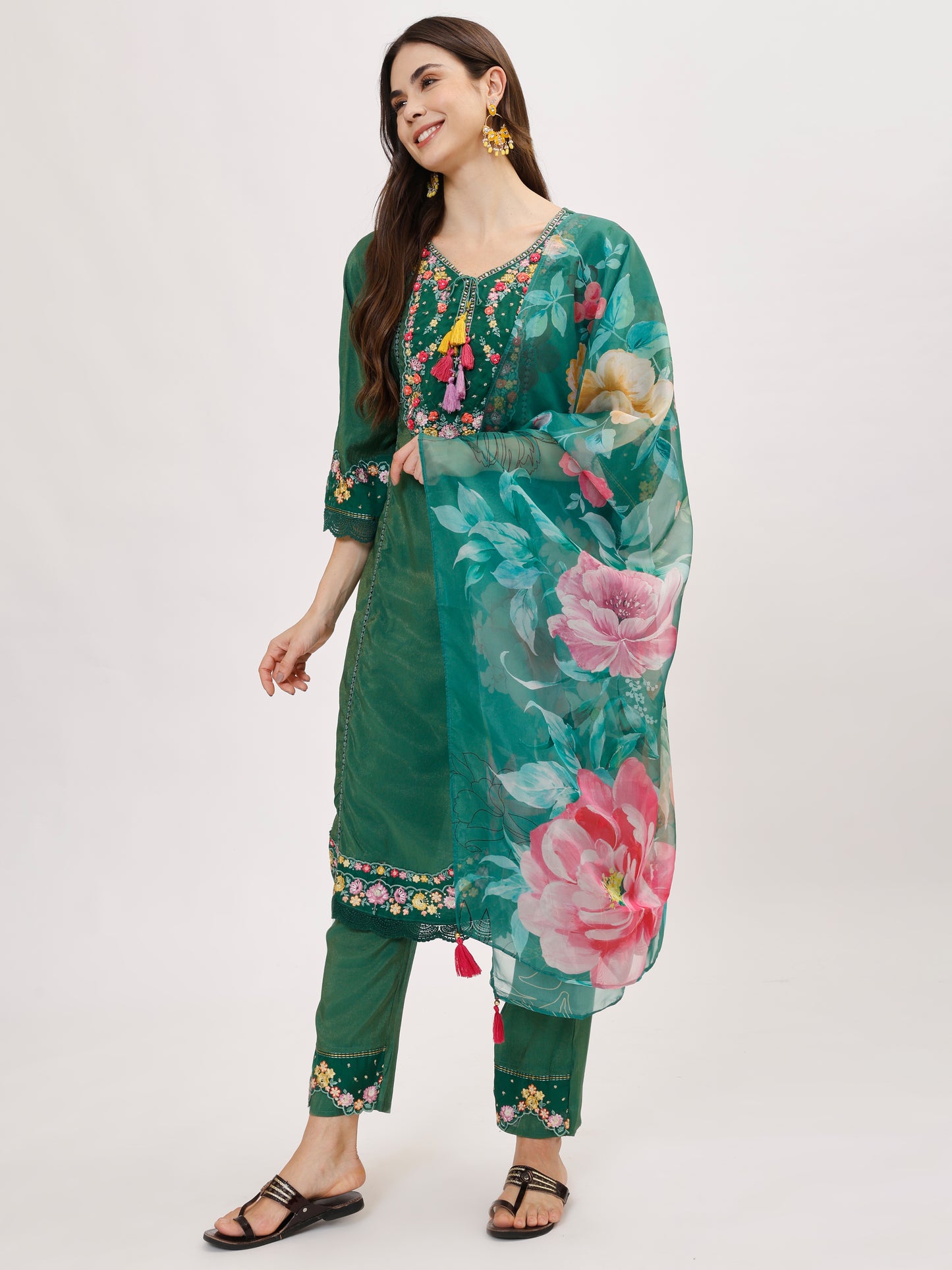 Premium Viscose silk fabric suit set with A line style - Green, TK114