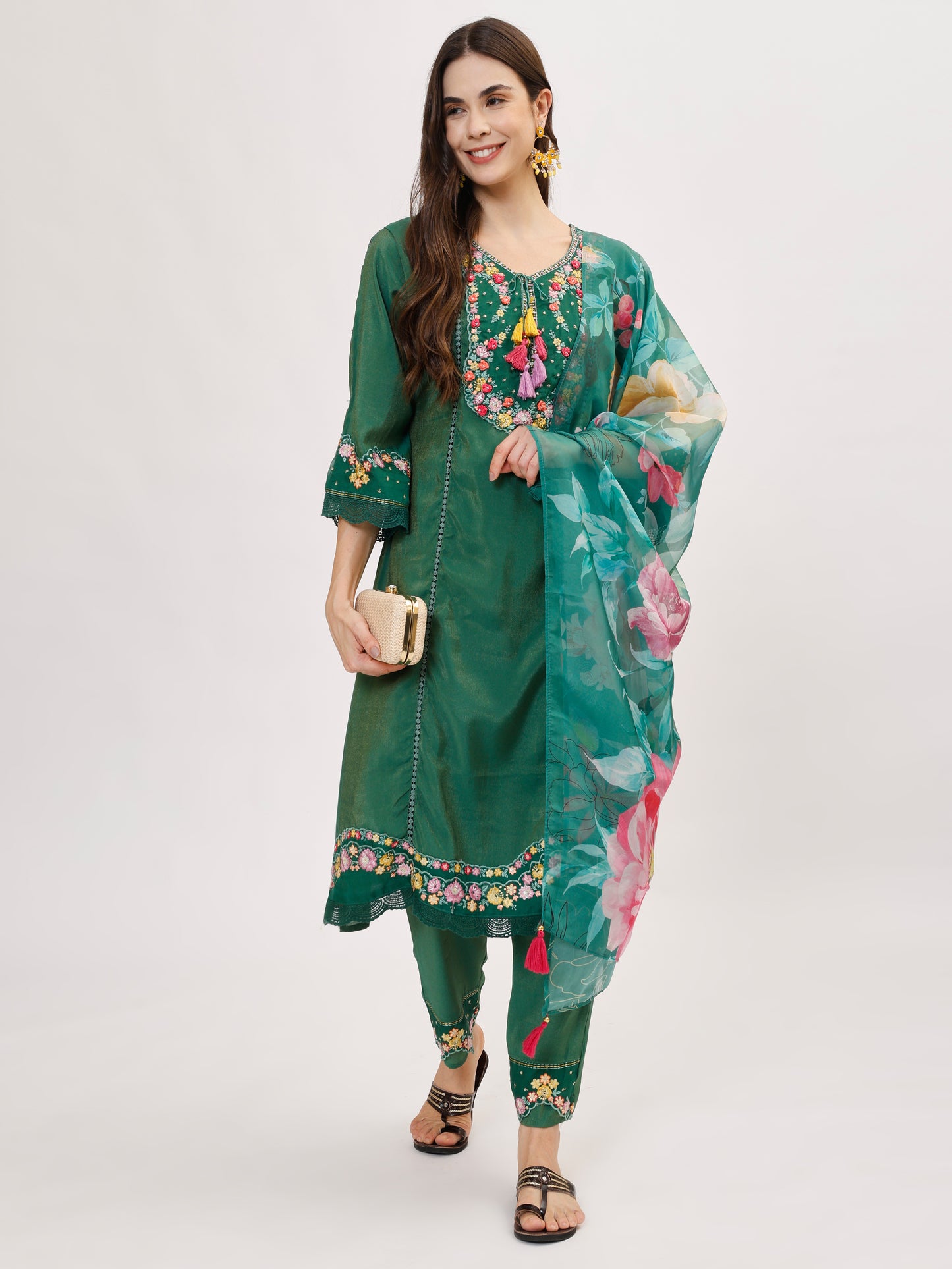 Premium Viscose silk fabric suit set with A line style - Green, TK114