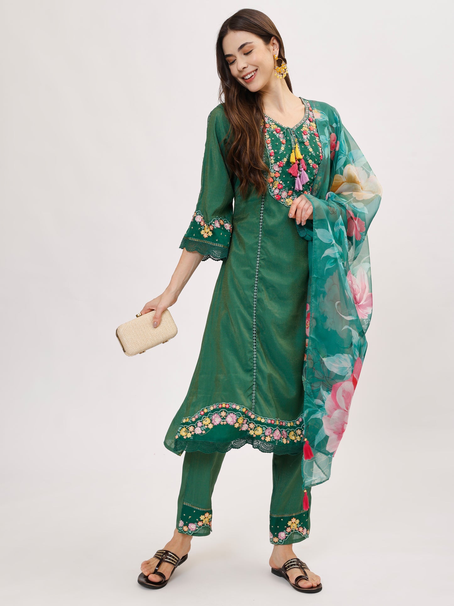 Premium Viscose silk fabric suit set with A line style - Green, TK114