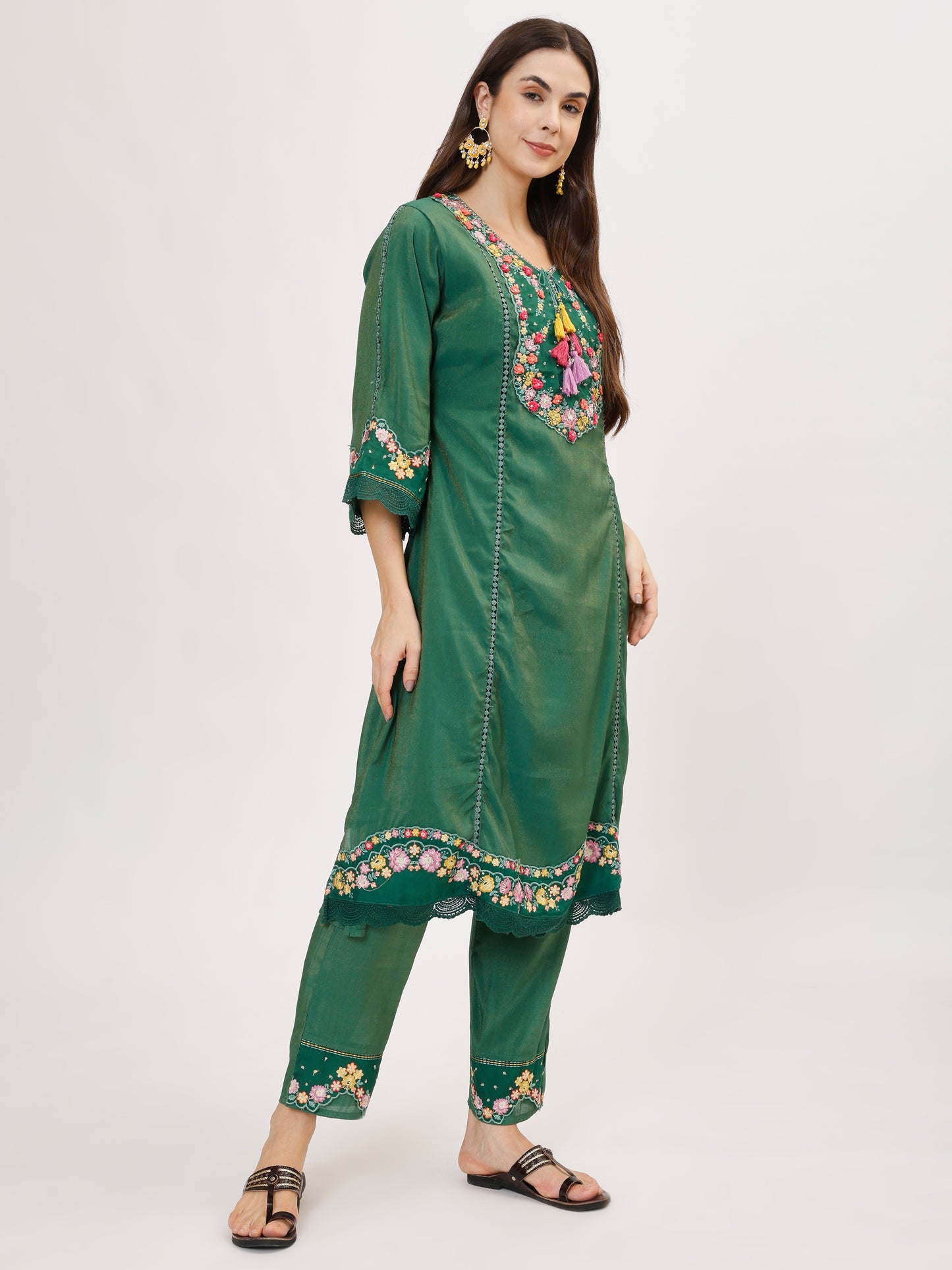 Premium Viscose silk fabric suit set with A line style - Green, TK114