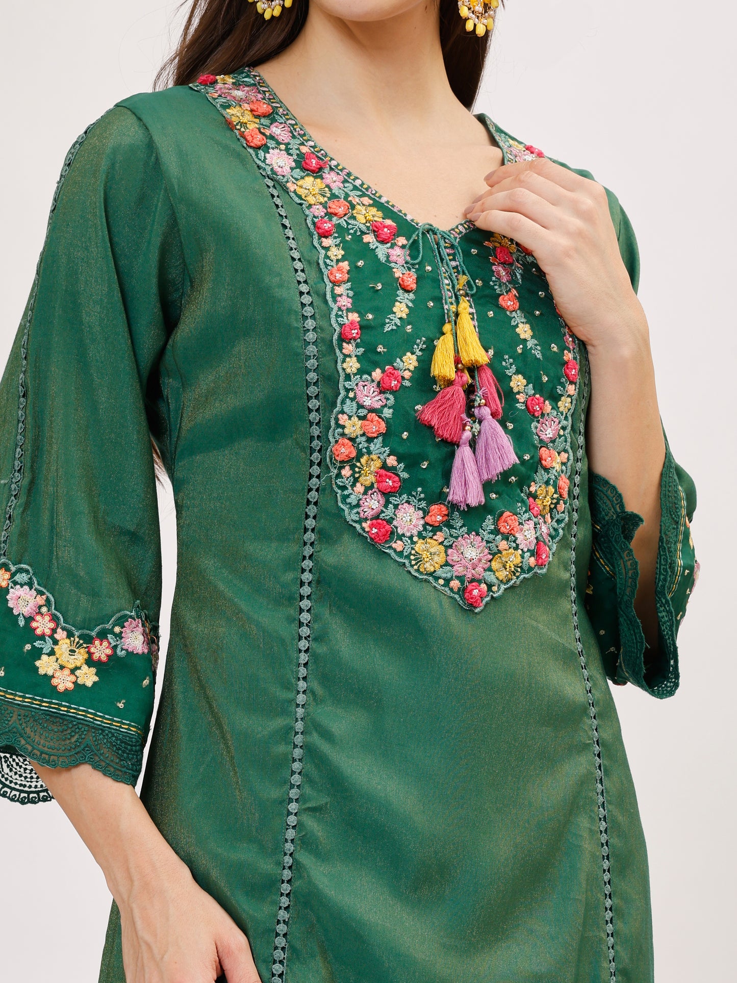 Premium Viscose silk fabric suit set with A line style - Green, TK114