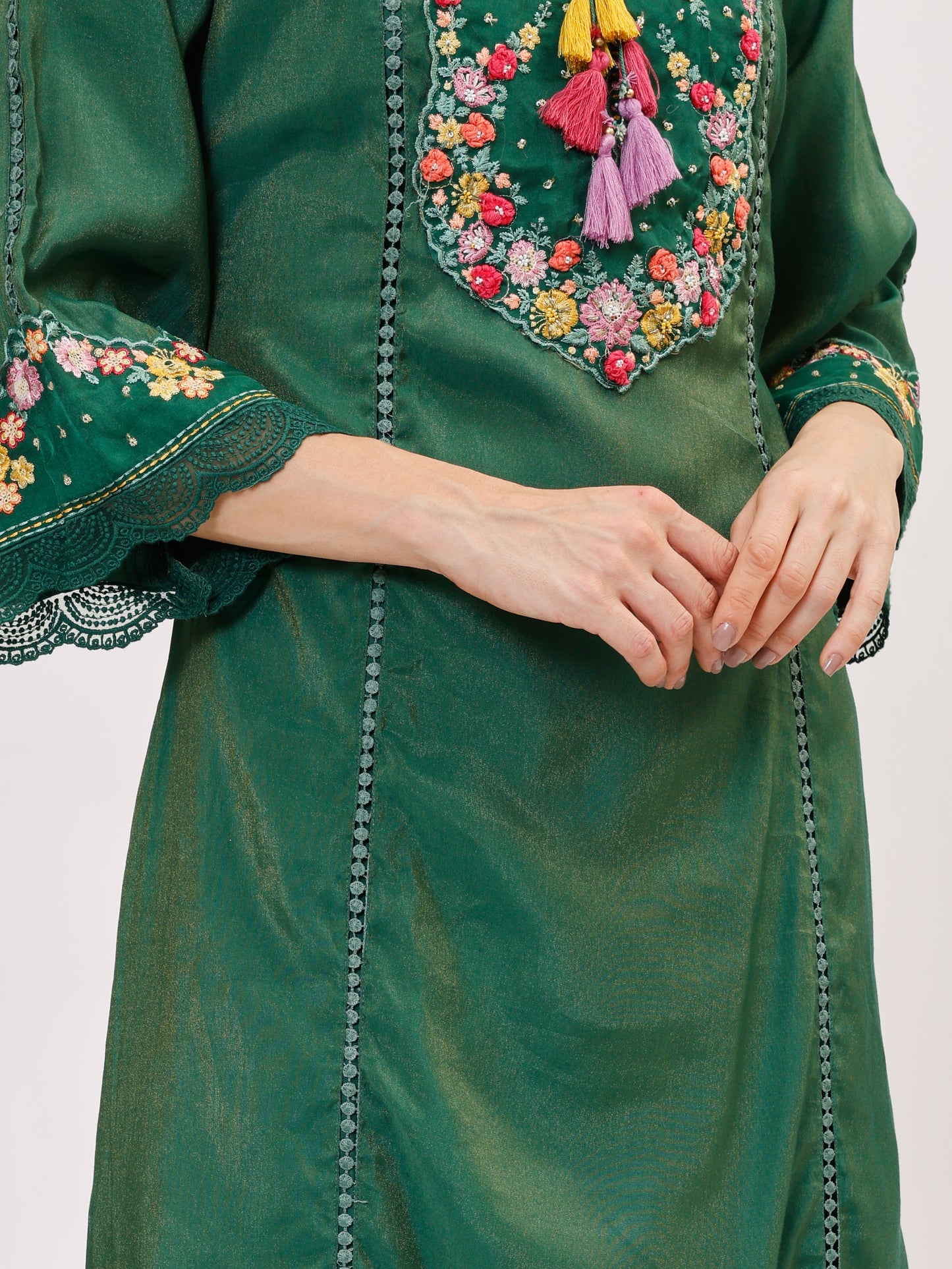 Premium Viscose silk fabric suit set with A line style - Green, TK114