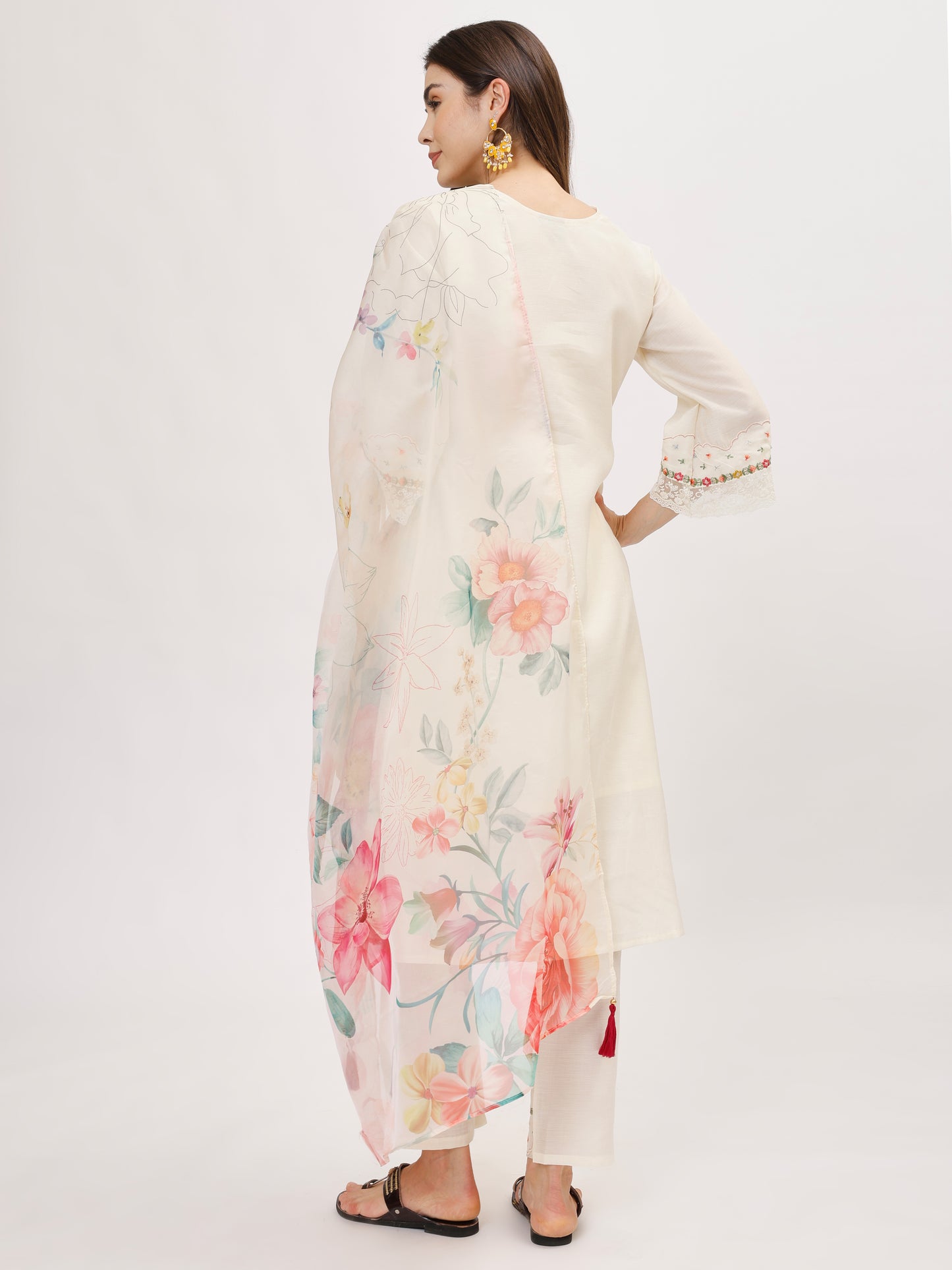 Premium Viscose silk fabric suit set with A line style - White, TK107