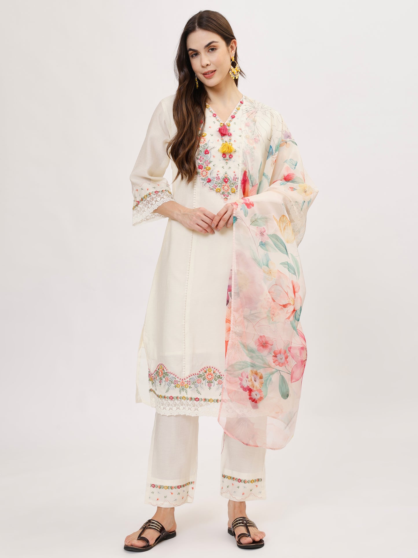 Premium Viscose silk fabric suit set with A line style - White, TK107