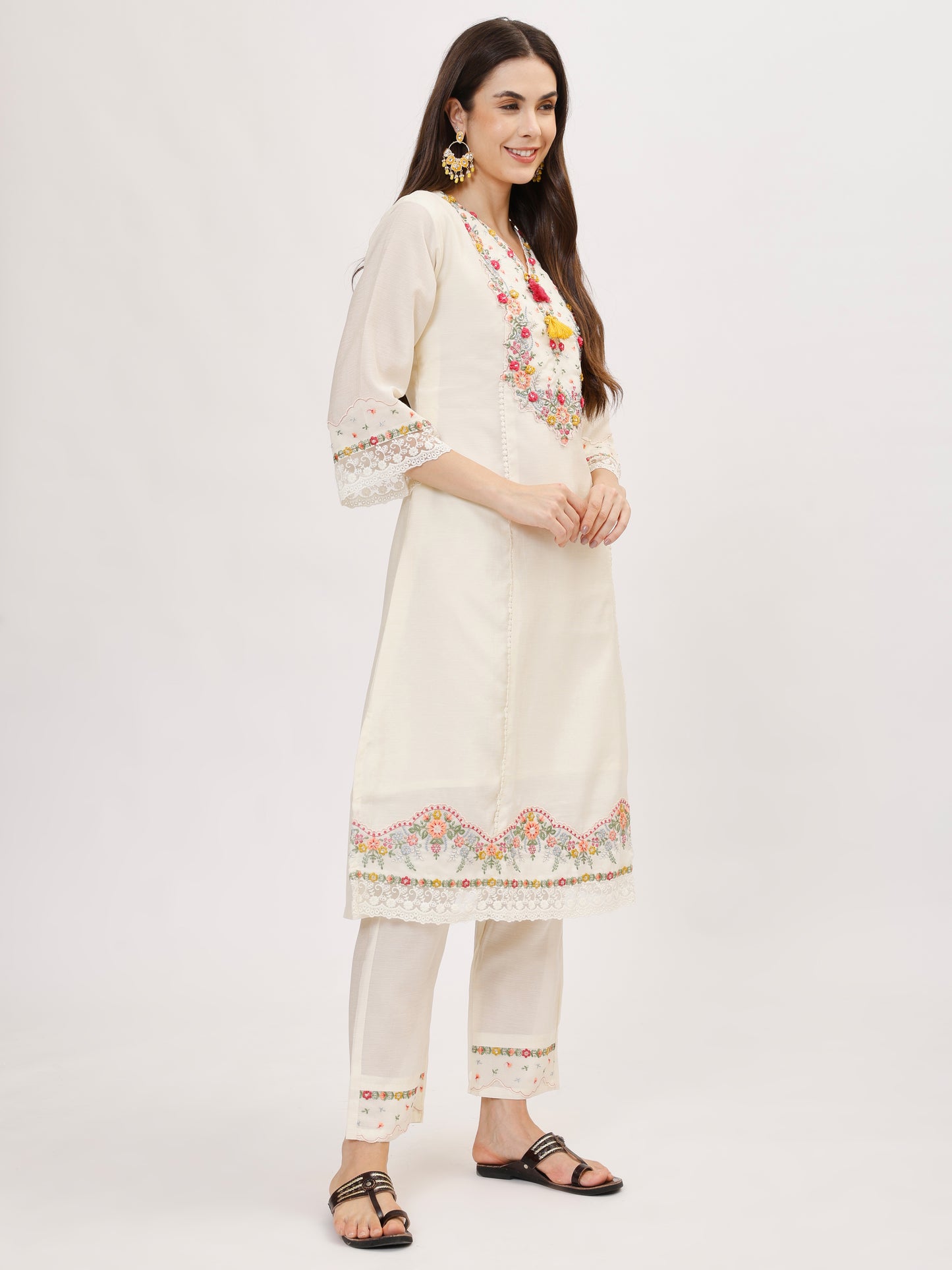 Premium Viscose silk fabric suit set with A line style - White, TK107