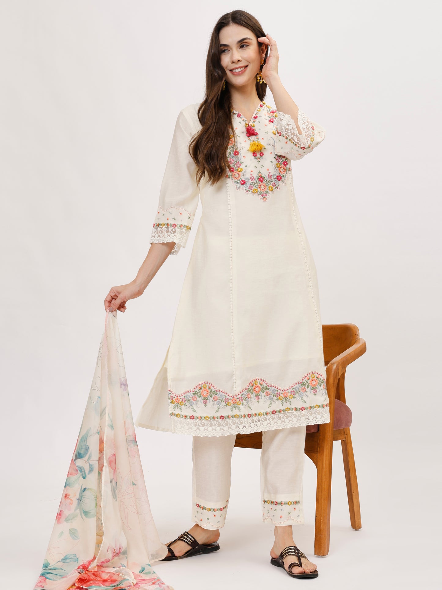 Premium Viscose silk fabric suit set with A line style - White, TK107