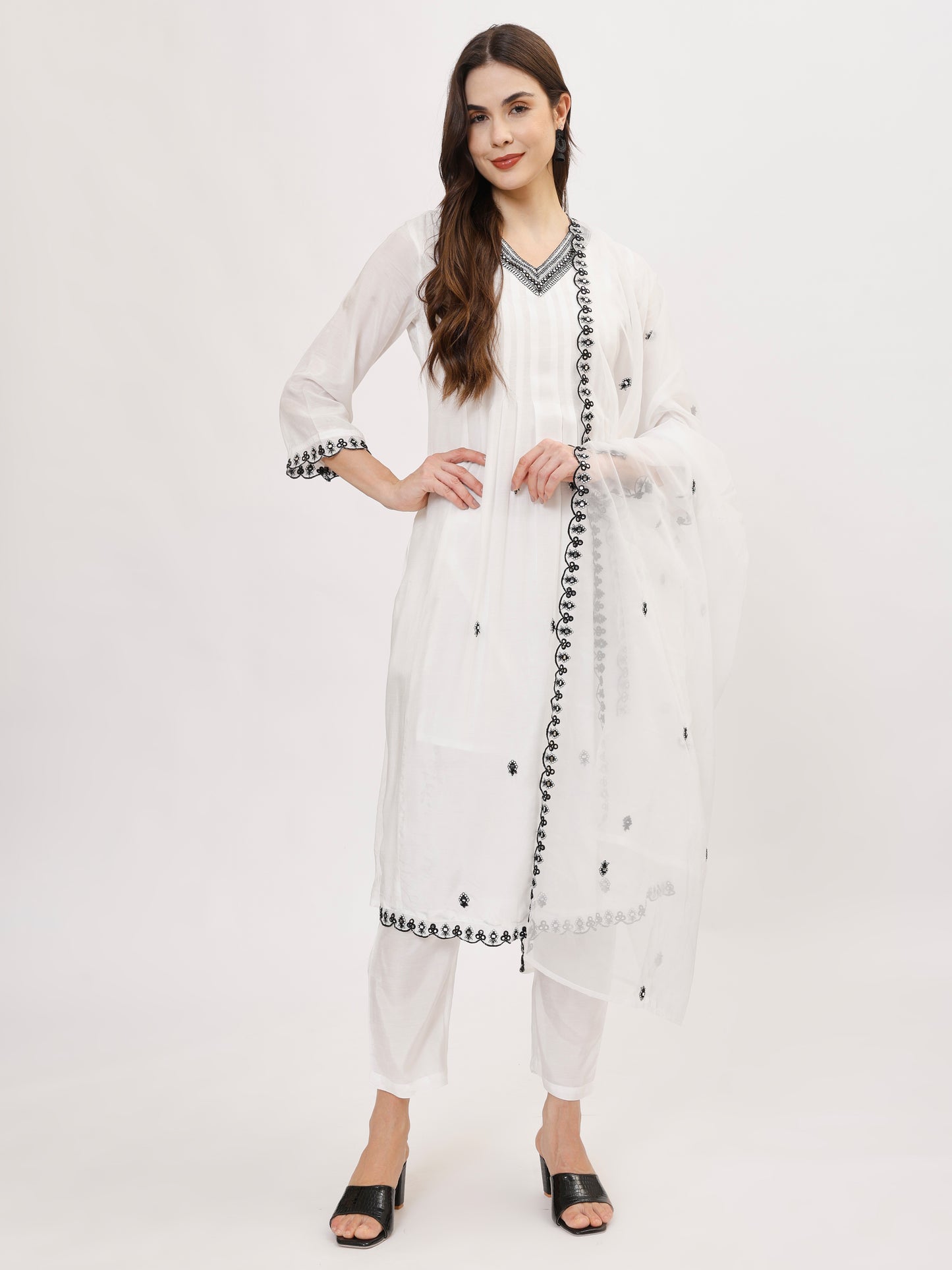 Premium White Pure Muslin Suit Set with black thread work- TK134