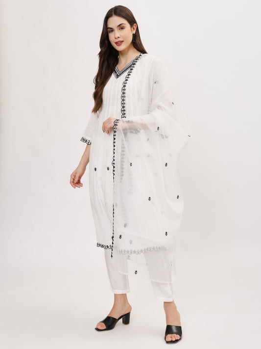 Premium White Pure Muslin Suit Set with black thread work- TK134