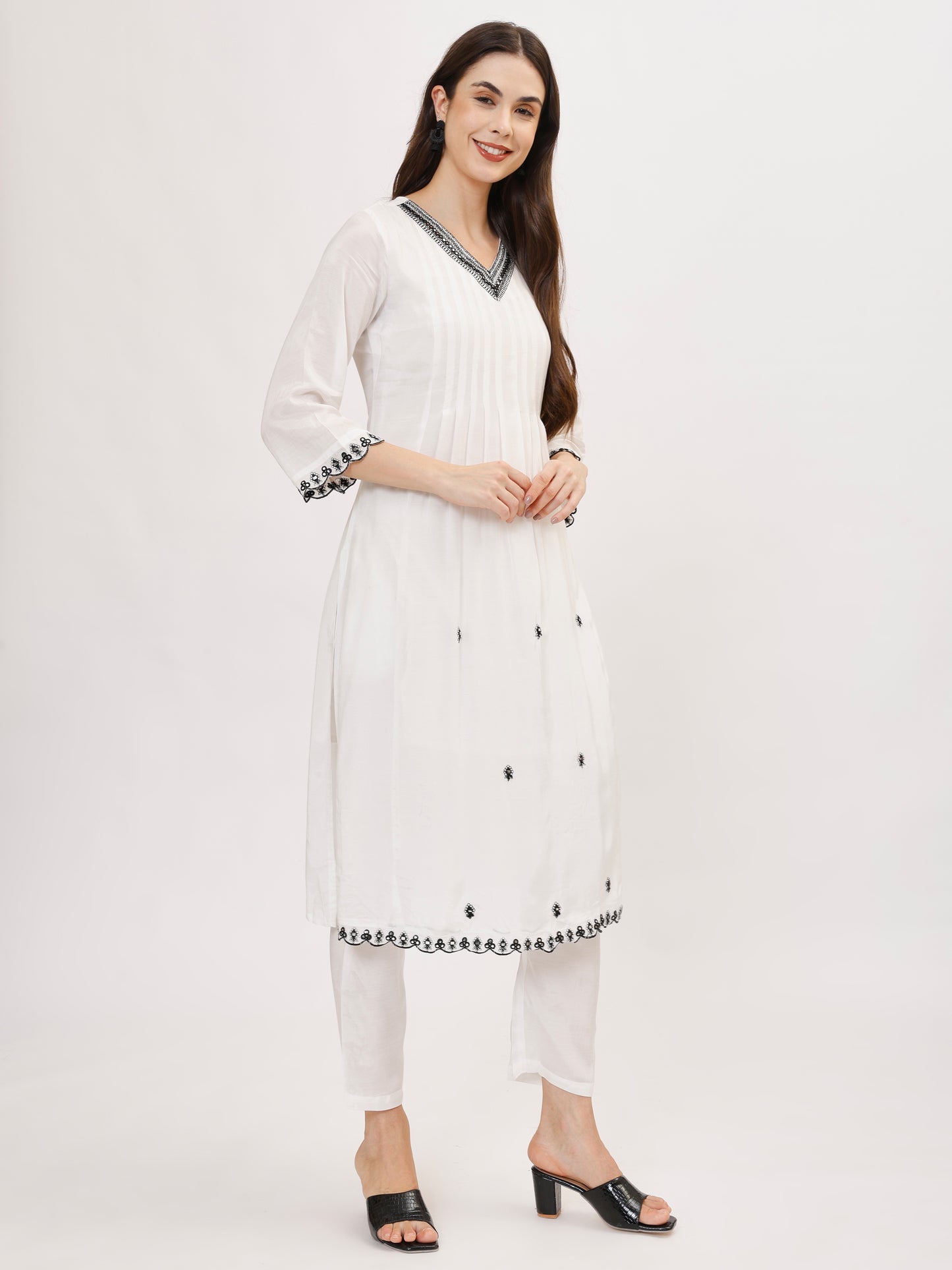 Premium White Pure Muslin Suit Set with black thread work- TK134