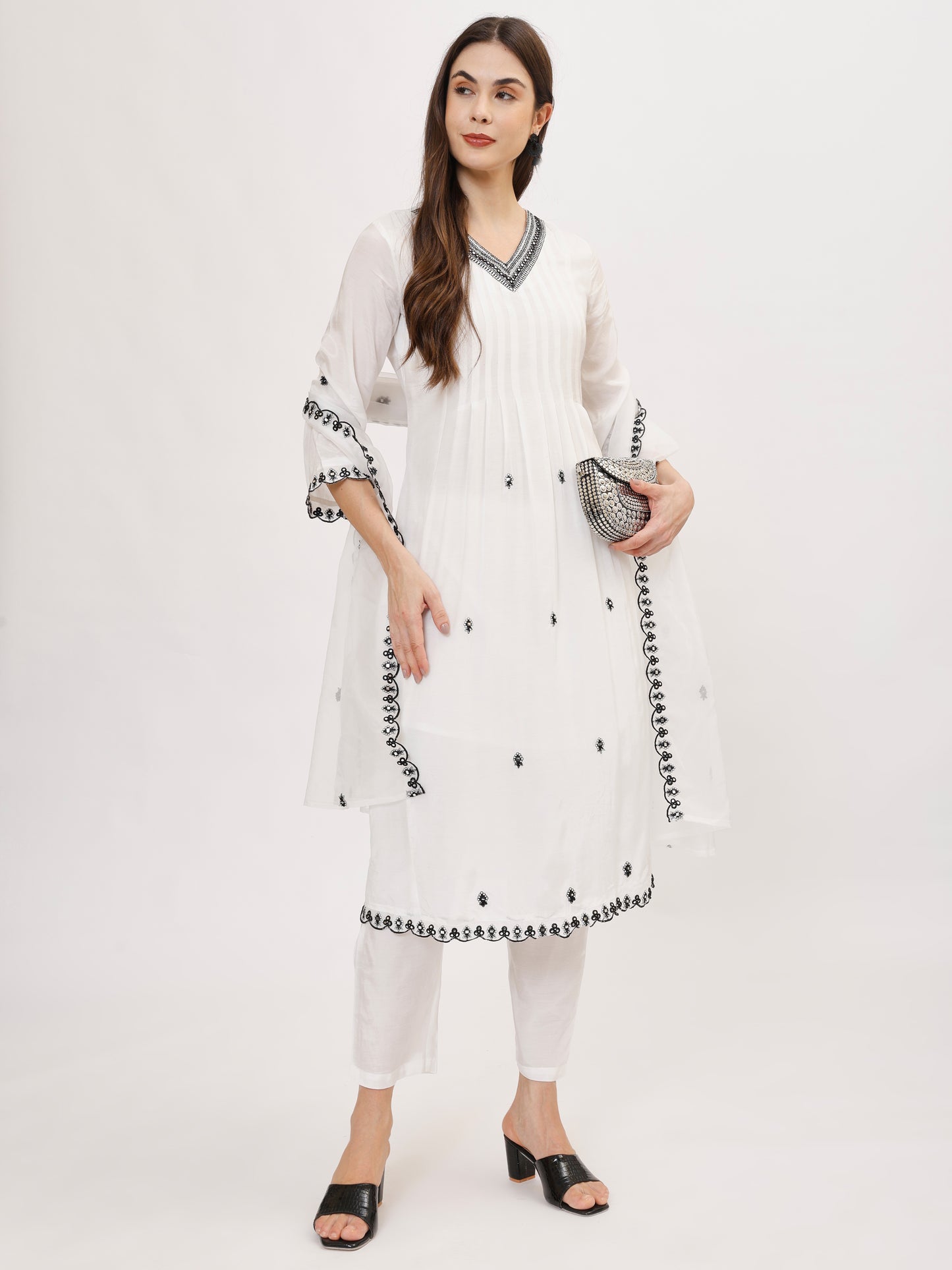 Premium White Pure Muslin Suit Set with black thread work- TK134