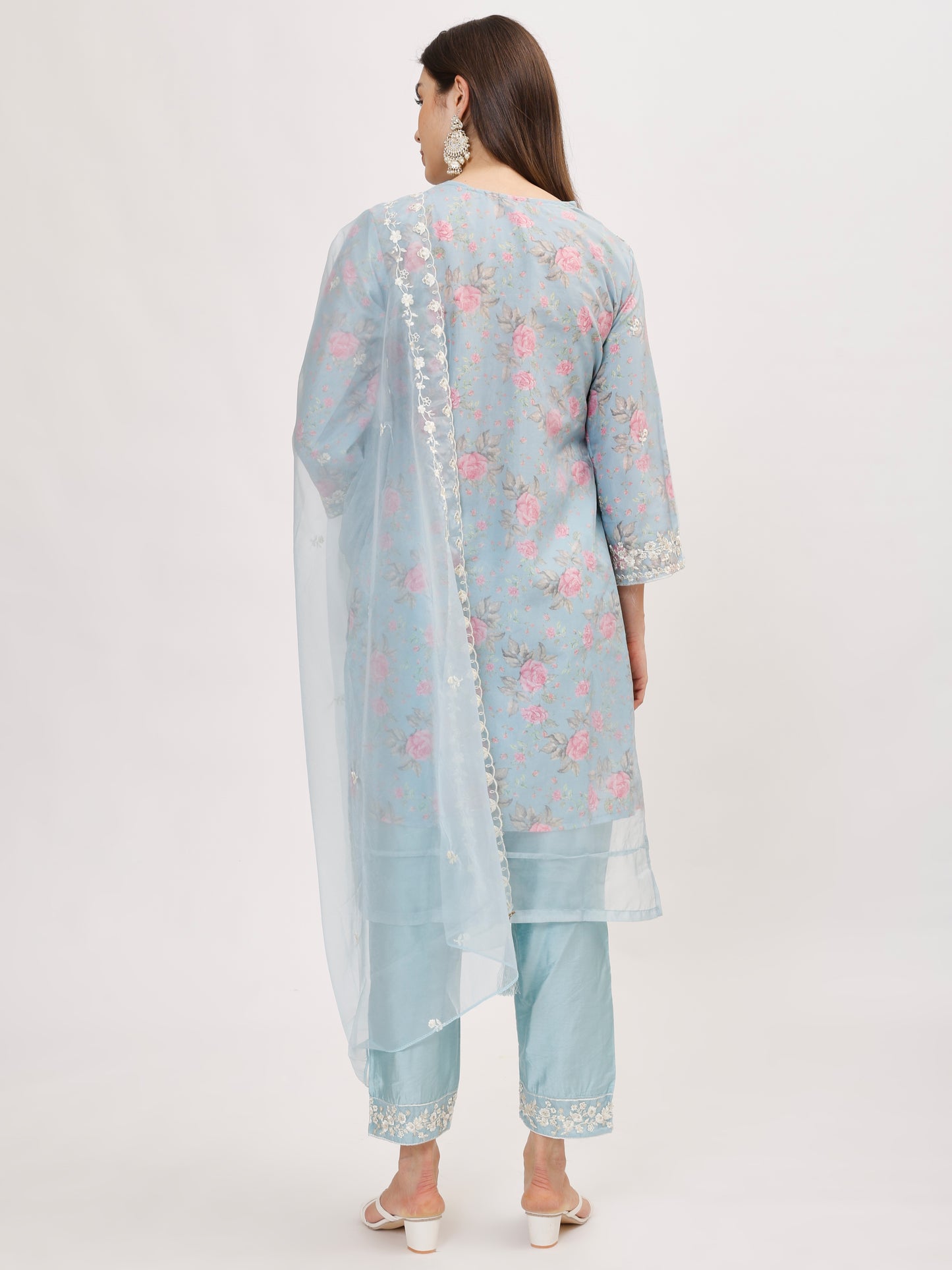 Designer organza fabric suit set with Hand Work Emboridery - Blue, TK102