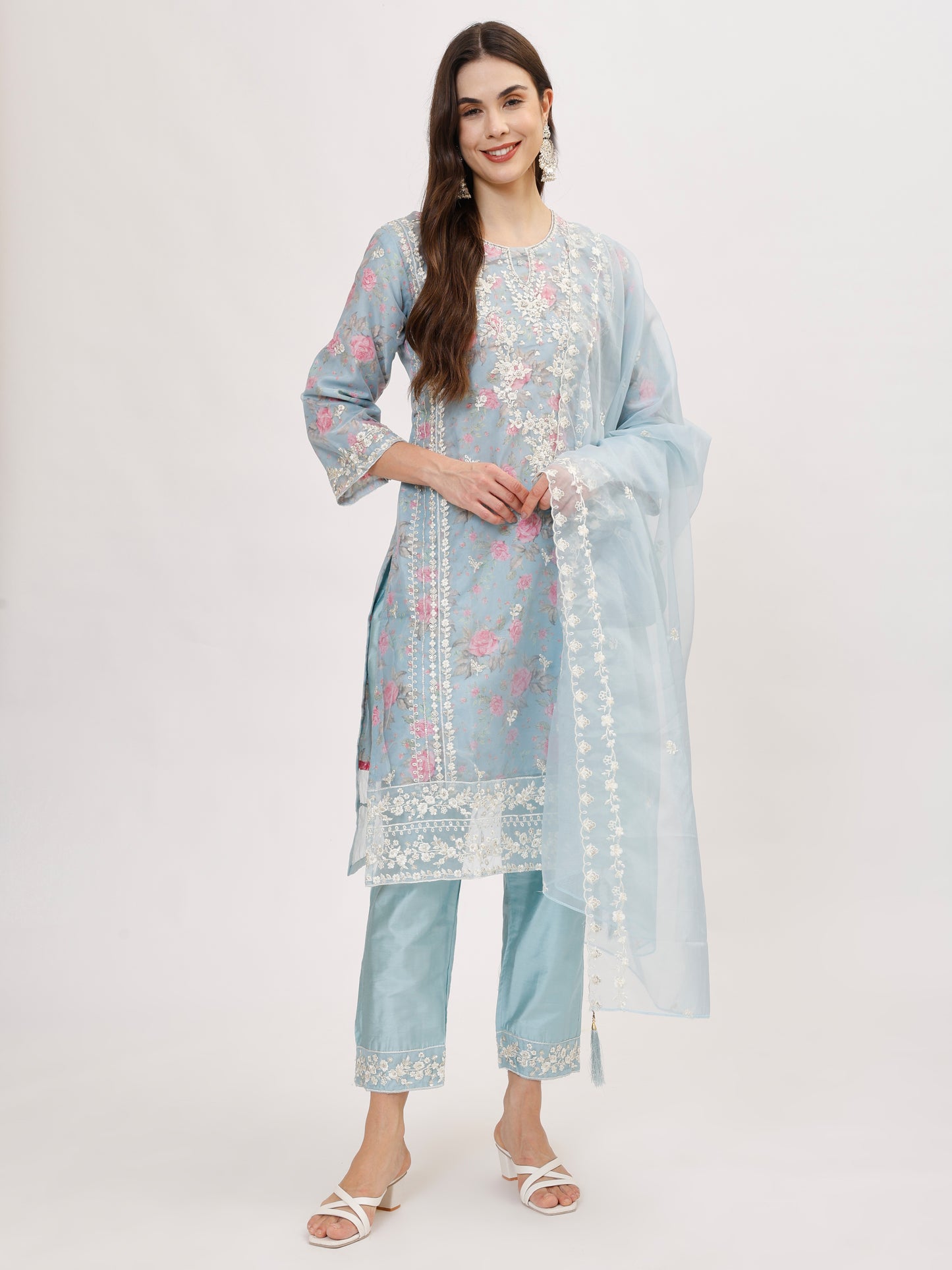 Designer organza fabric suit set with Hand Work Emboridery - Blue, TK102