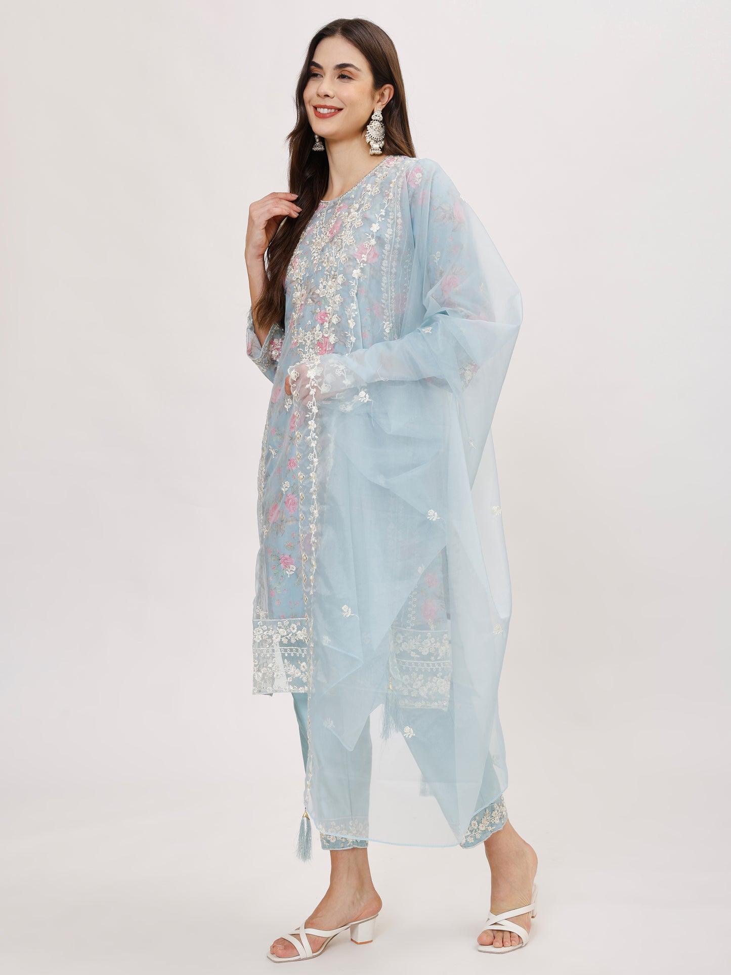 Designer organza fabric suit set with Hand Work Emboridery - Blue, TK102