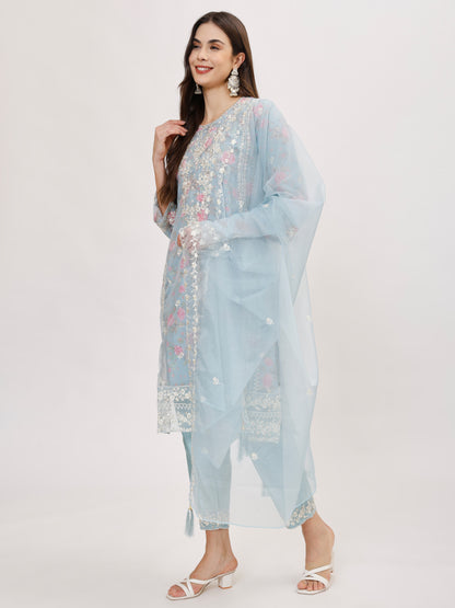 Designer organza fabric suit set with Hand Work Emboridery - Blue, TK102