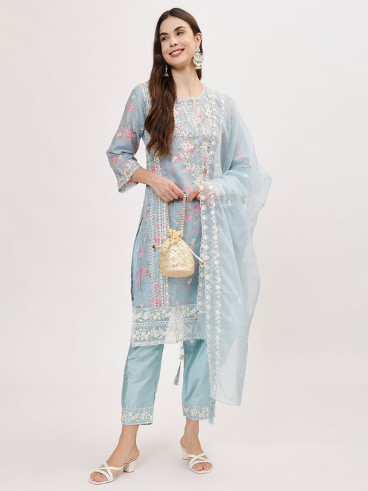 Designer organza fabric suit set with Hand Work Emboridery - Blue, TK102