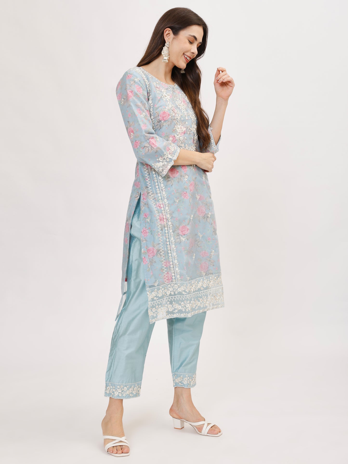 Designer organza fabric suit set with Hand Work Emboridery - Blue, TK102