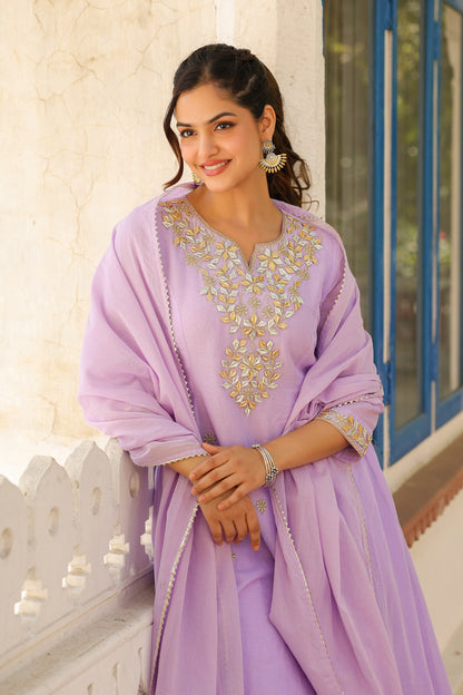 Lavender Mulmul Gota Patti & Zari Embroidered Anarkali Set