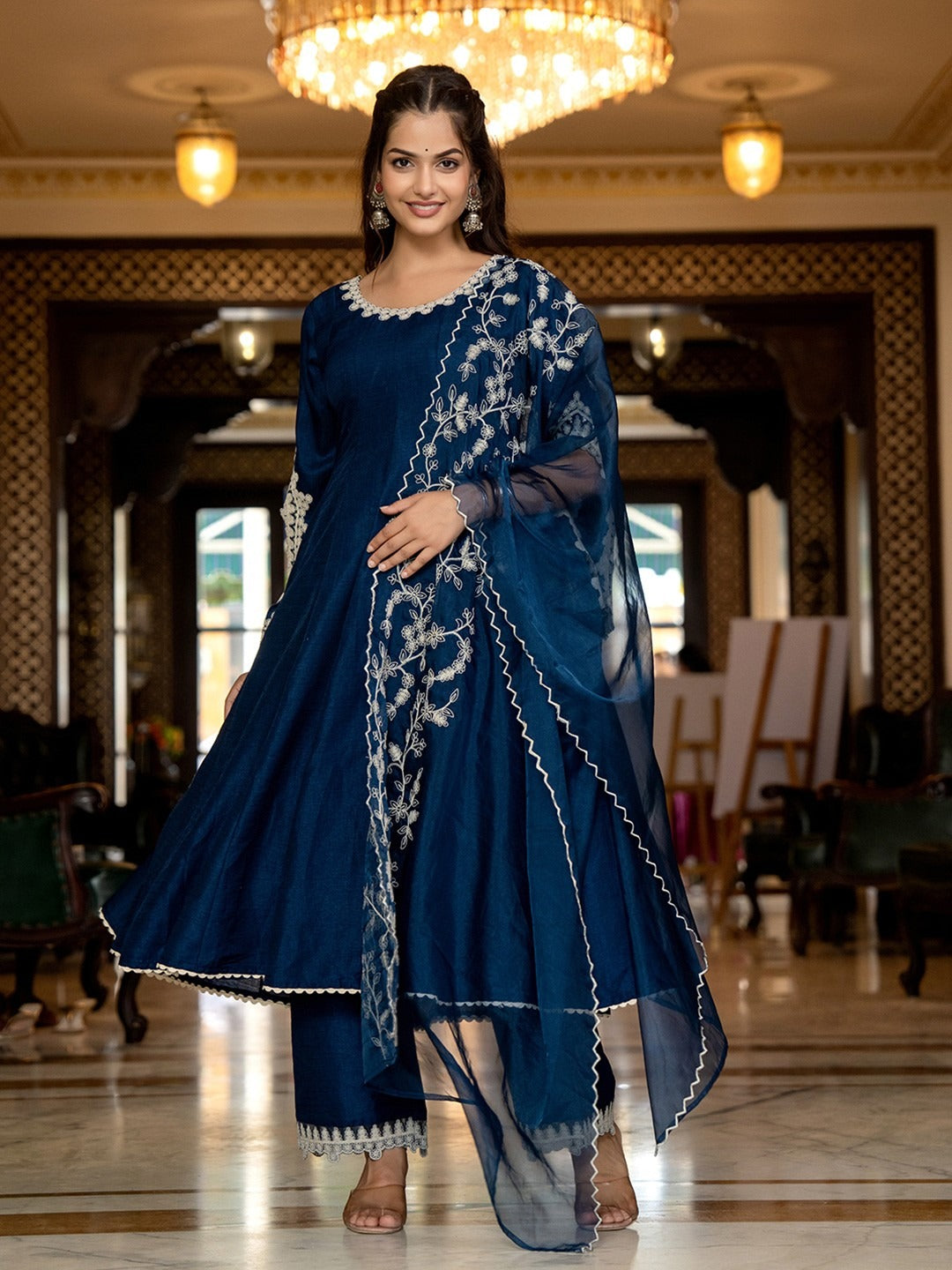 Designer Silk Blend Solid Embroidered Anarkali Suit Set