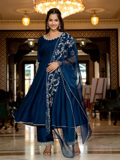 Designer Silk Blend Solid Embroidered Anarkali Suit Set