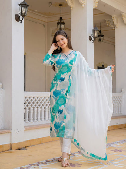 Blue & White Printed Rayon Kurta Pant with Dupatta, 3pc set