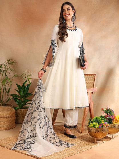 Designer Silk Blend Solid Embroidered Anarkali Suit Set