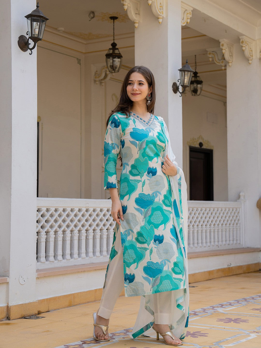 Blue & White Printed Rayon Kurta Pant with Dupatta, 3pc set
