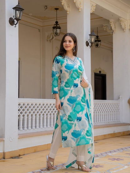 Blue & White Printed Rayon Kurta Pant with Dupatta, 3pc set