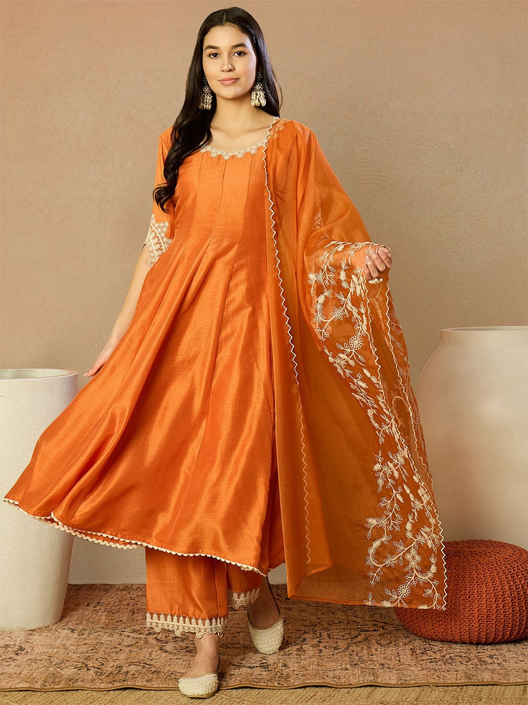 Designer Silk Blend Solid Embroidered Anarkali Suit Set