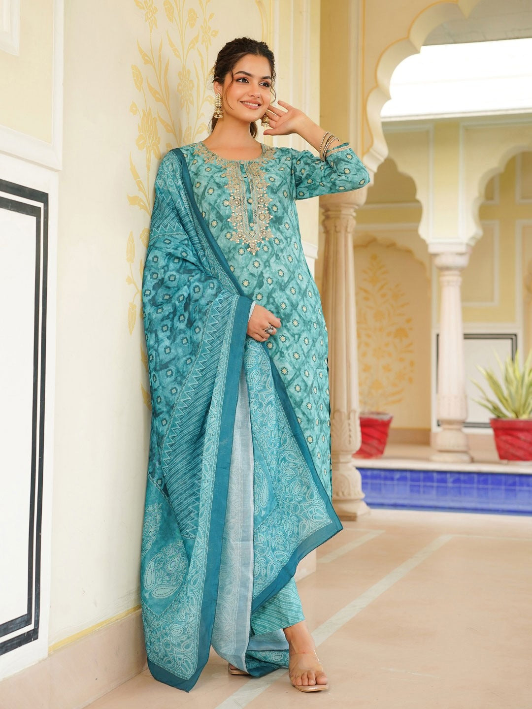 Sea Green Silk Blend Ombre Straight Kurta Trousers With Dupatta