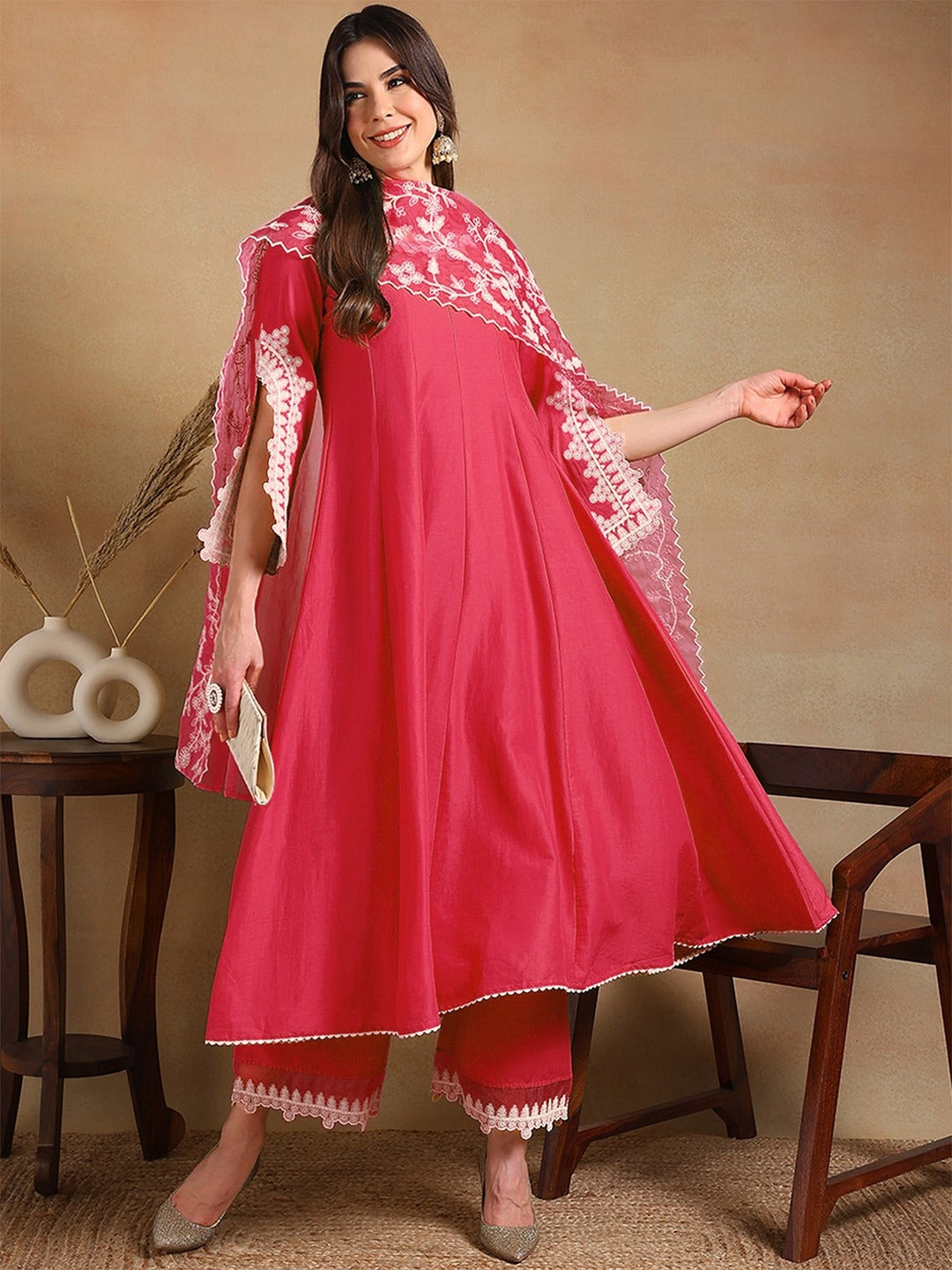 Designer Silk Blend Solid Embroidered Anarkali Suit Set