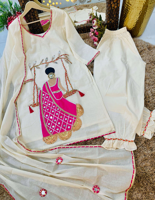 Premium Kora Cotton Suit With Doll and Mirror Hand Work