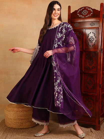 Designer Silk Blend Solid Embroidered Anarkali Suit Set